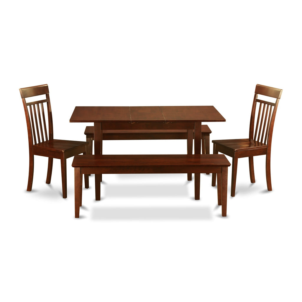 East West Furniture NOCA5C-MAH-W 5 Piece Dinette Set for 4 Includes a Rectangle Dining Table with Butterfly Leaf and 2 Dining Room Chairs with 2 Benches