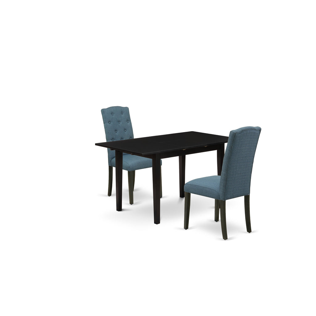 Juego de mesa de comedor de 3 piezas East West Furniture NOCE3-BLK-21. Incluye una mesa de comedor rectangular con hojas de mariposa y 2 sillas Parsons de tela de lino azul mineral.