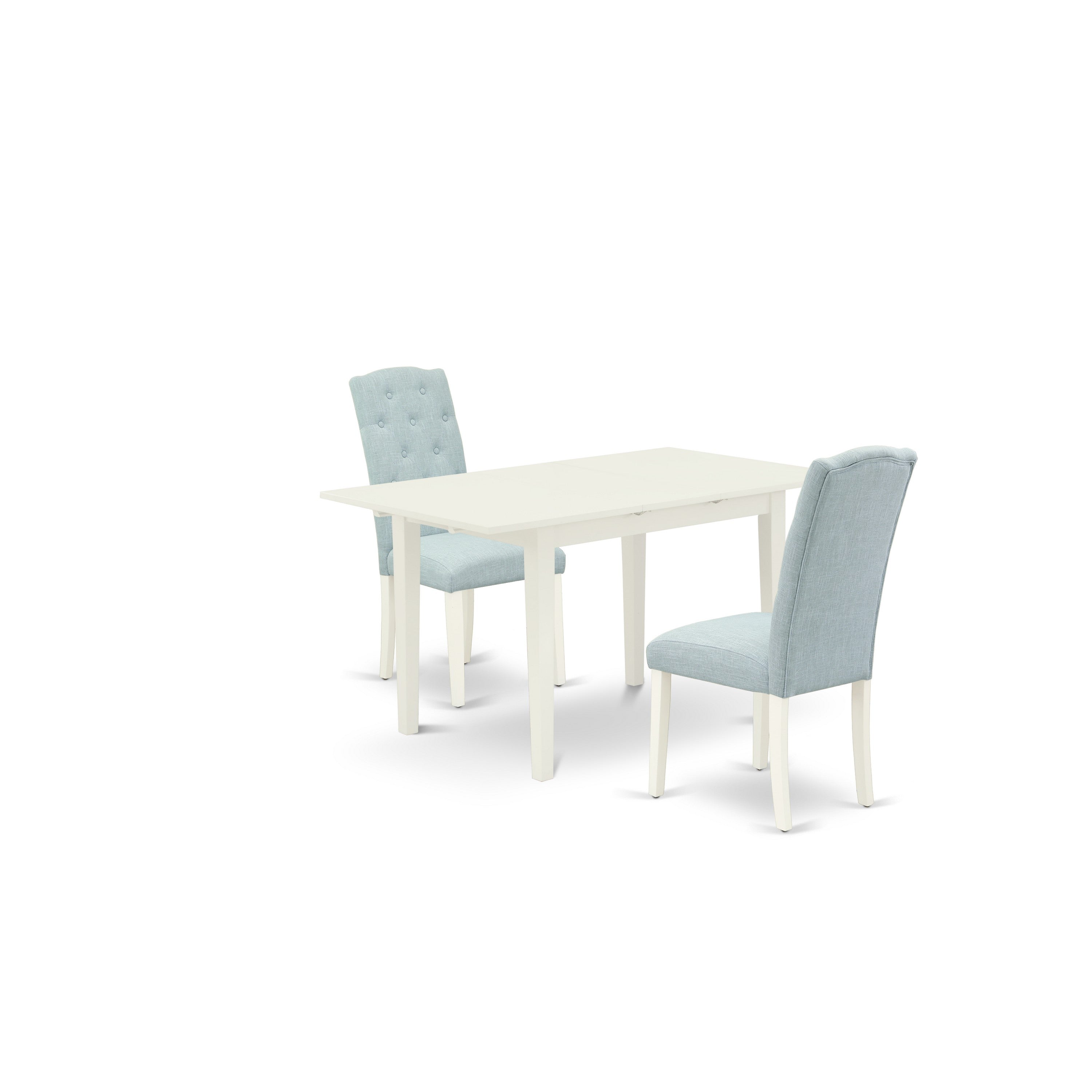 Juego de mesa de comedor de 3 piezas East West Furniture NOCE3-LWH-15. Incluye una mesa de comedor rectangular con diseño de hojas de mariposa y dos sillas Parsons de tela de lino azul bebé.
