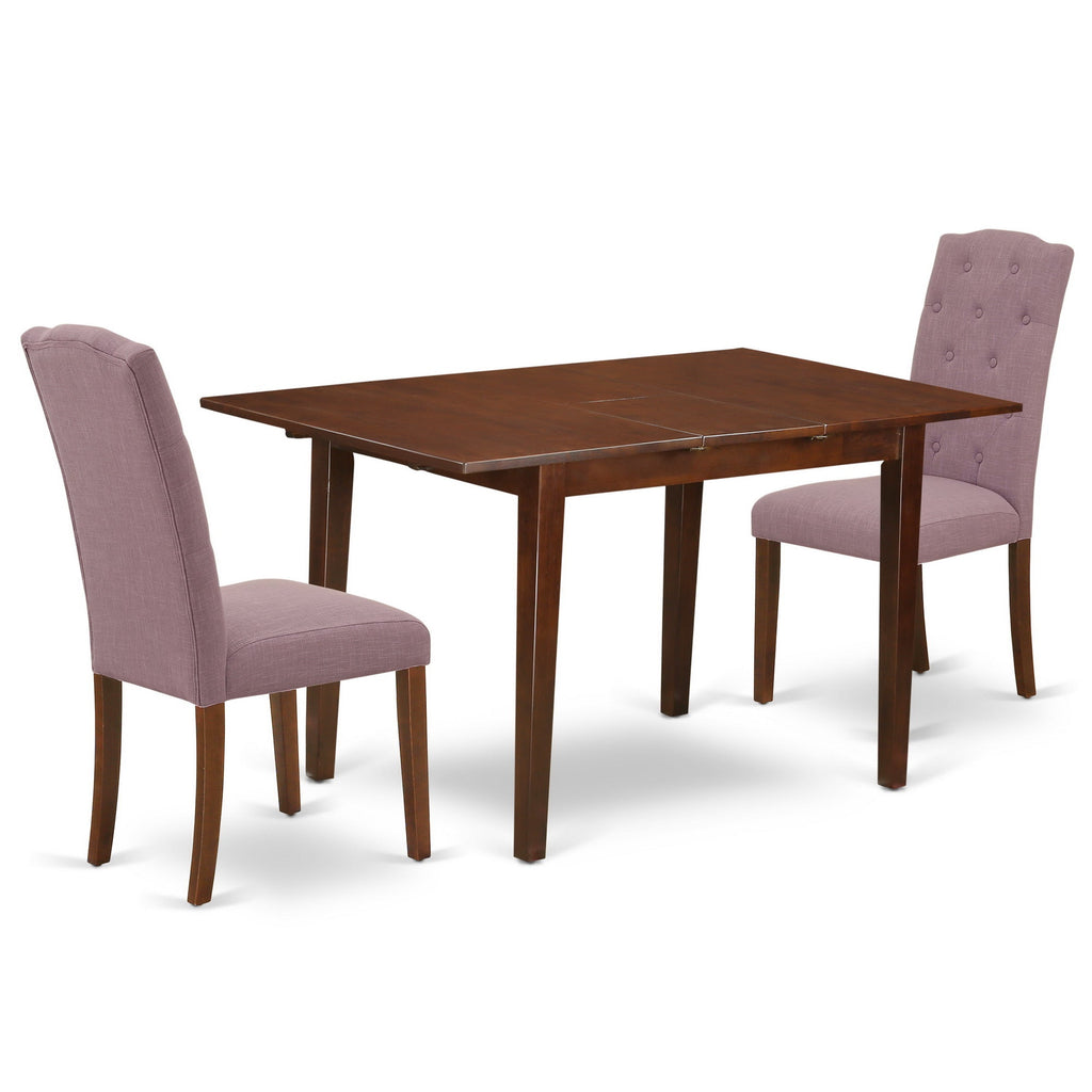 Juego de comedor pequeño de 3 piezas East West Furniture NOCE3-MAH-10. Incluye una mesa de comedor rectangular con hojas de mariposa y 2 sillas tapizadas en tela de lino Dahlia.