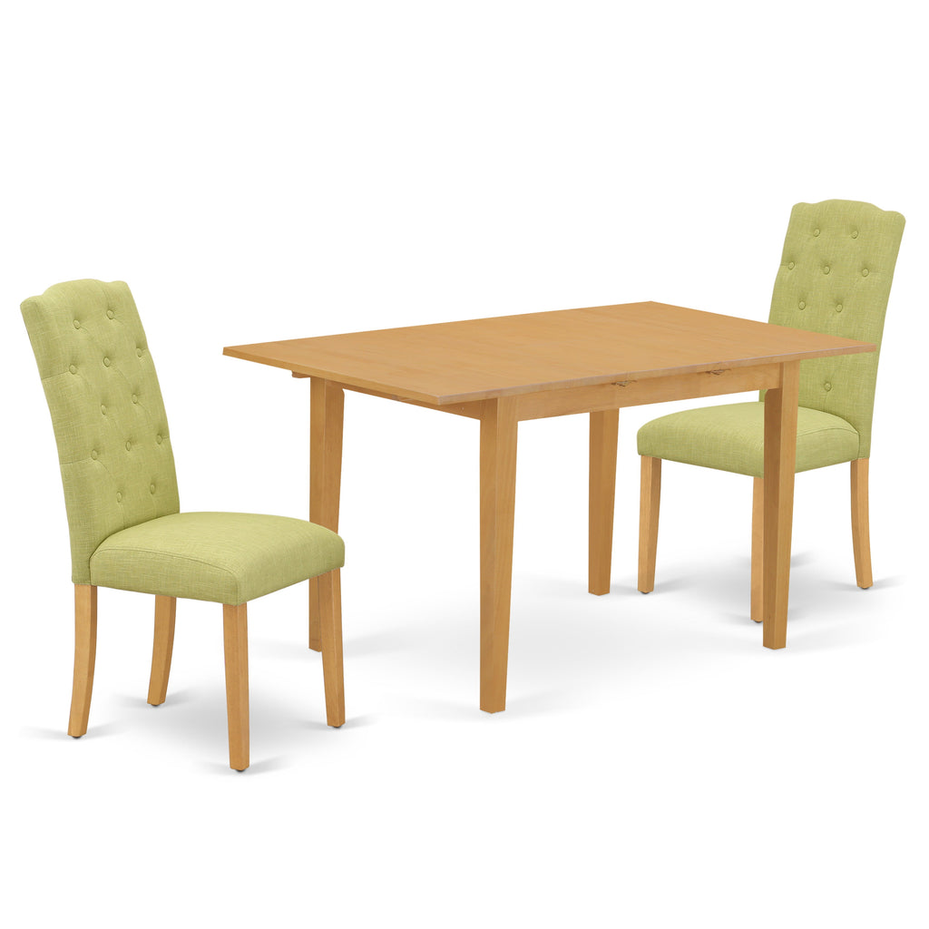 Juego de comedor de 3 piezas East West Furniture NOCE3-OAK-07. Incluye una mesa de comedor rectangular con hojas de mariposa y 2 sillas tapizadas en tela de lino Limelight.