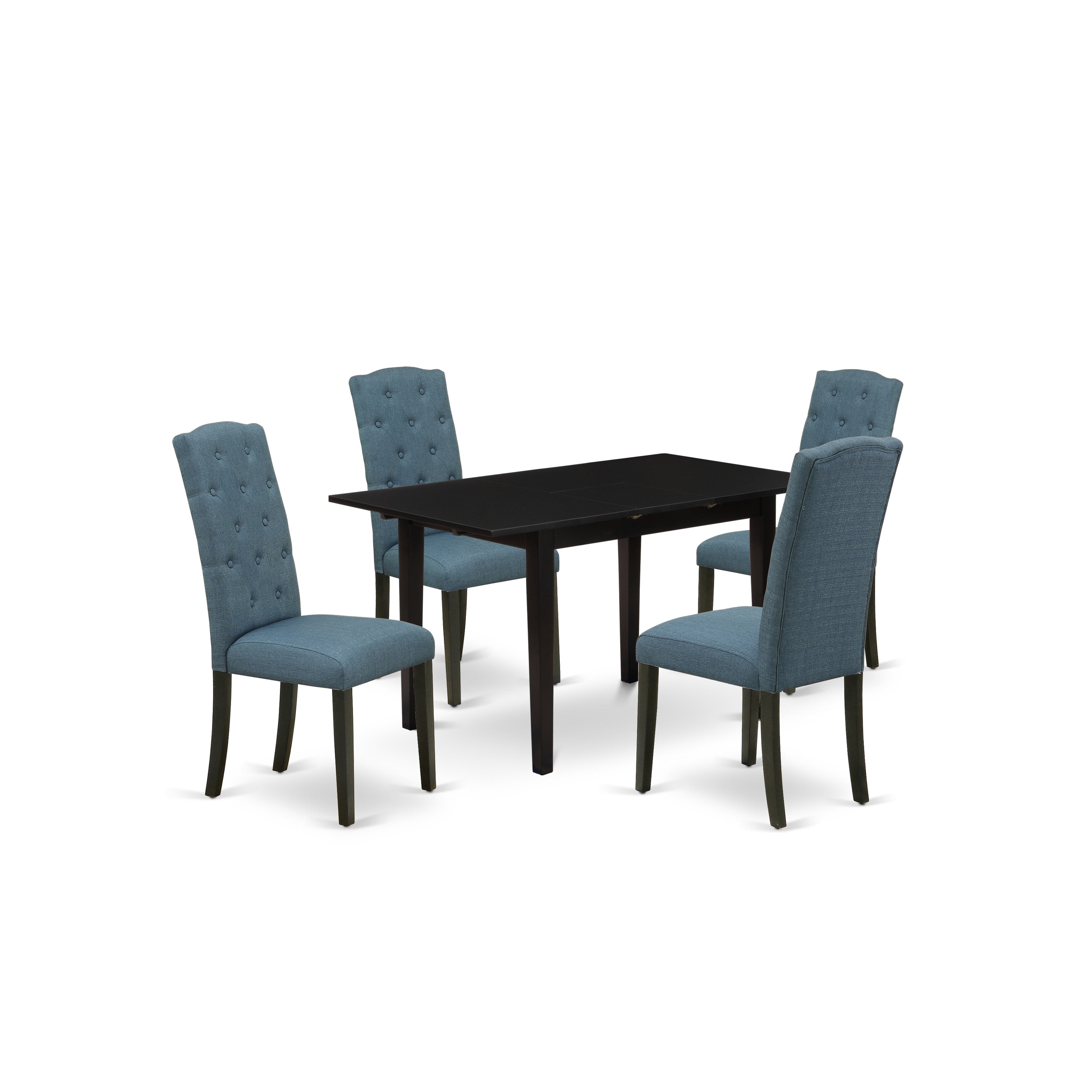 East West Furniture NOCE5-BLK-21 5-Pc Dining Set - 4 Dining Chairs with Button Tufted Back and Upholstered Seat and Butterfly Leaf Wood Dining Table with Rectangular Top and 4 Legs - Black Finish