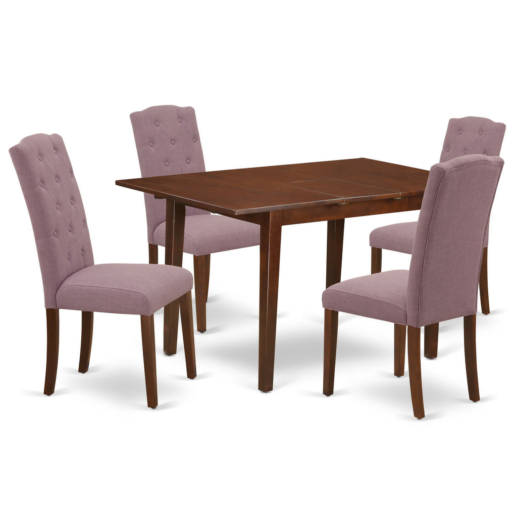 East West Furniture NOCE5-MAH-10 5 Piece Kitchen Table Set Includes a Rectangle Dining Room Table with Butterfly Leaf and 4 Dahlia Linen Fabric Upholstered Chairs
