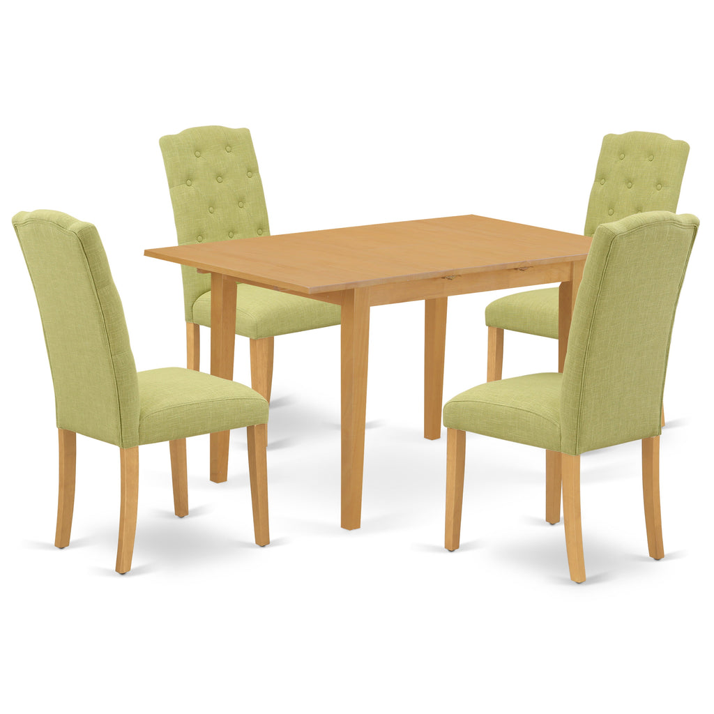 El juego de mesa de comedor de 5 piezas East West Furniture NOCE5-OAK-07 incluye una mesa de cocina rectangular con diseño de hojas de mariposa y 4 sillas de comedor Parson de tela de lino Limelight.