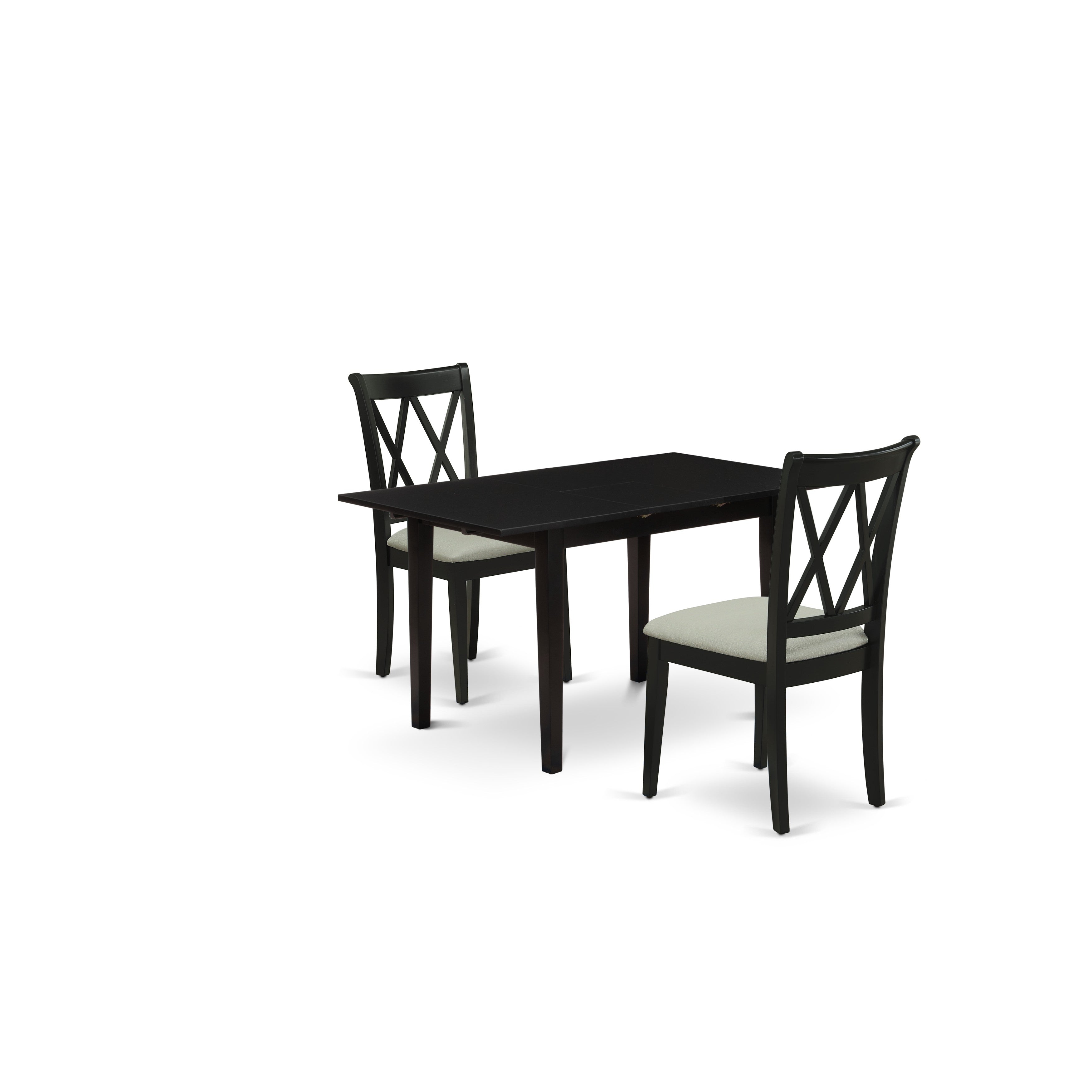 East West Furniture NOCL3-BLK-C 3-Pc Mid Century Dining Table Set 2 Dining Chairs with Double X-Back and a Linen Fabric Seat and Butterfly Leaf Dinette Table with Rectangular Top and 4 Legs- Black Finish