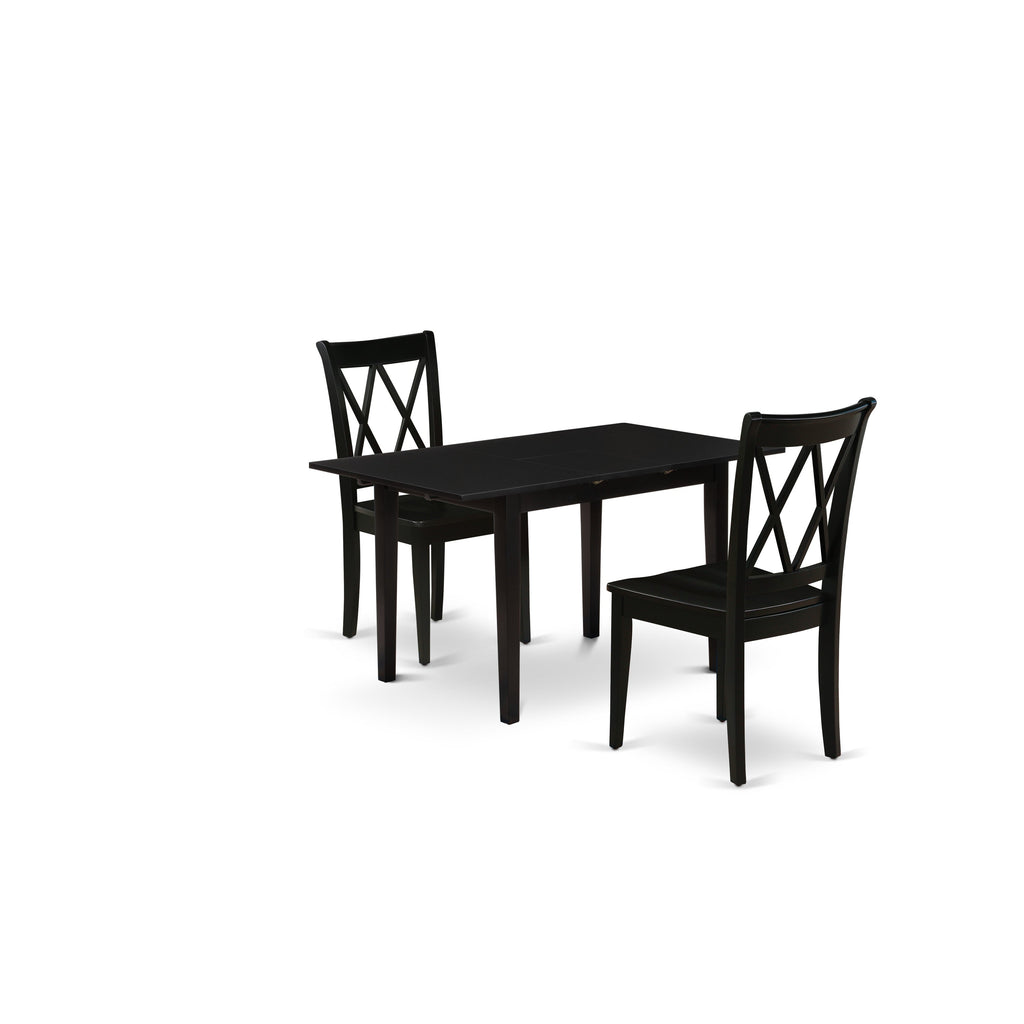 Juego de mesa de comedor moderna de 3 piezas East West Furniture NOCL3-BLK-W. Incluye una mesa rectangular de madera con diseño de hojas de mariposa y 2 sillas de comedor.