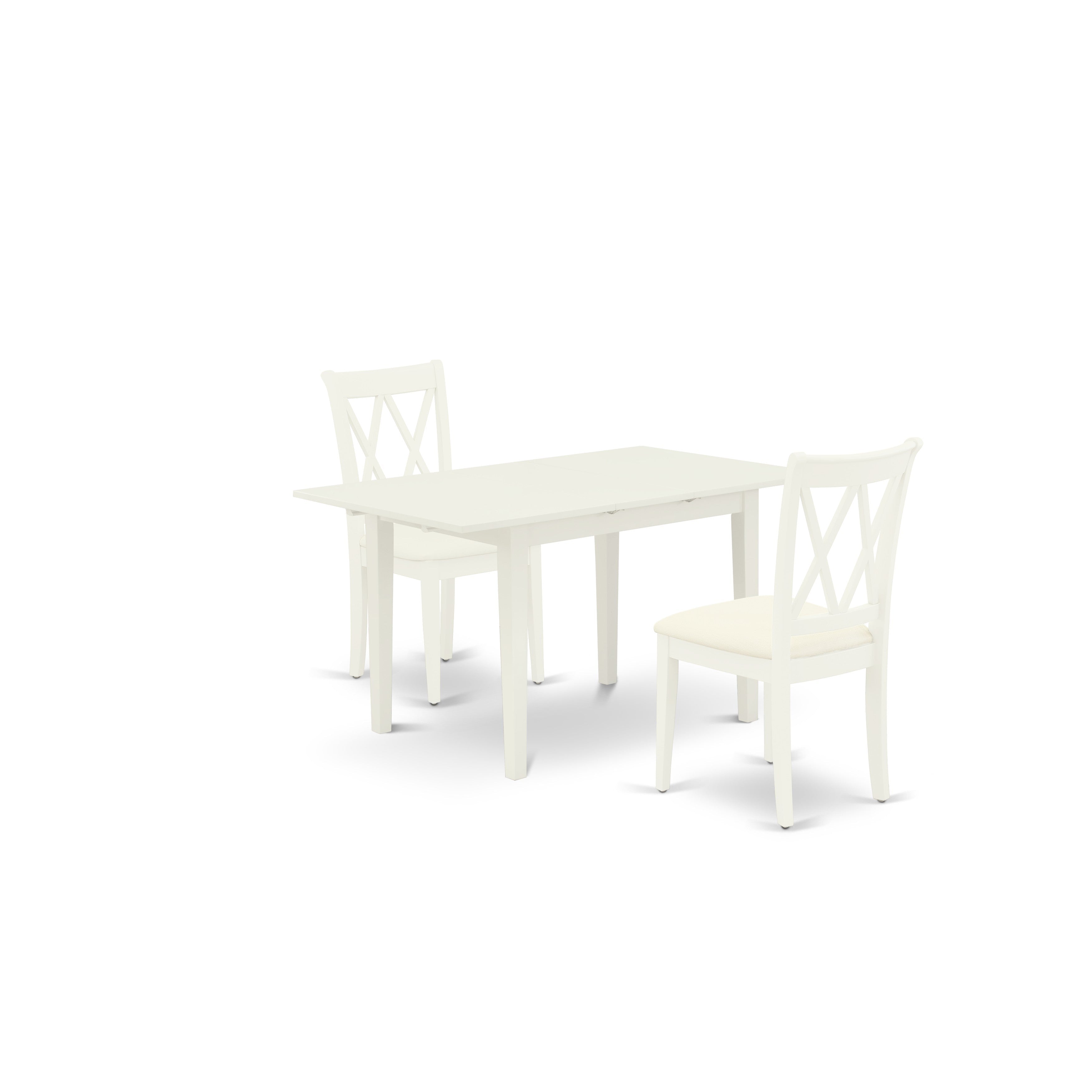 East West Furniture NOCL3-LWH-C 3-Pc Rectangular Dining Table Set 2 Wood Dining Chair with Double X-Back and a Linen Fabric Seat and Small Butterfly Leaf Wooden Dining Table with Rectangular Top and 4 Legs- Linen White Finish