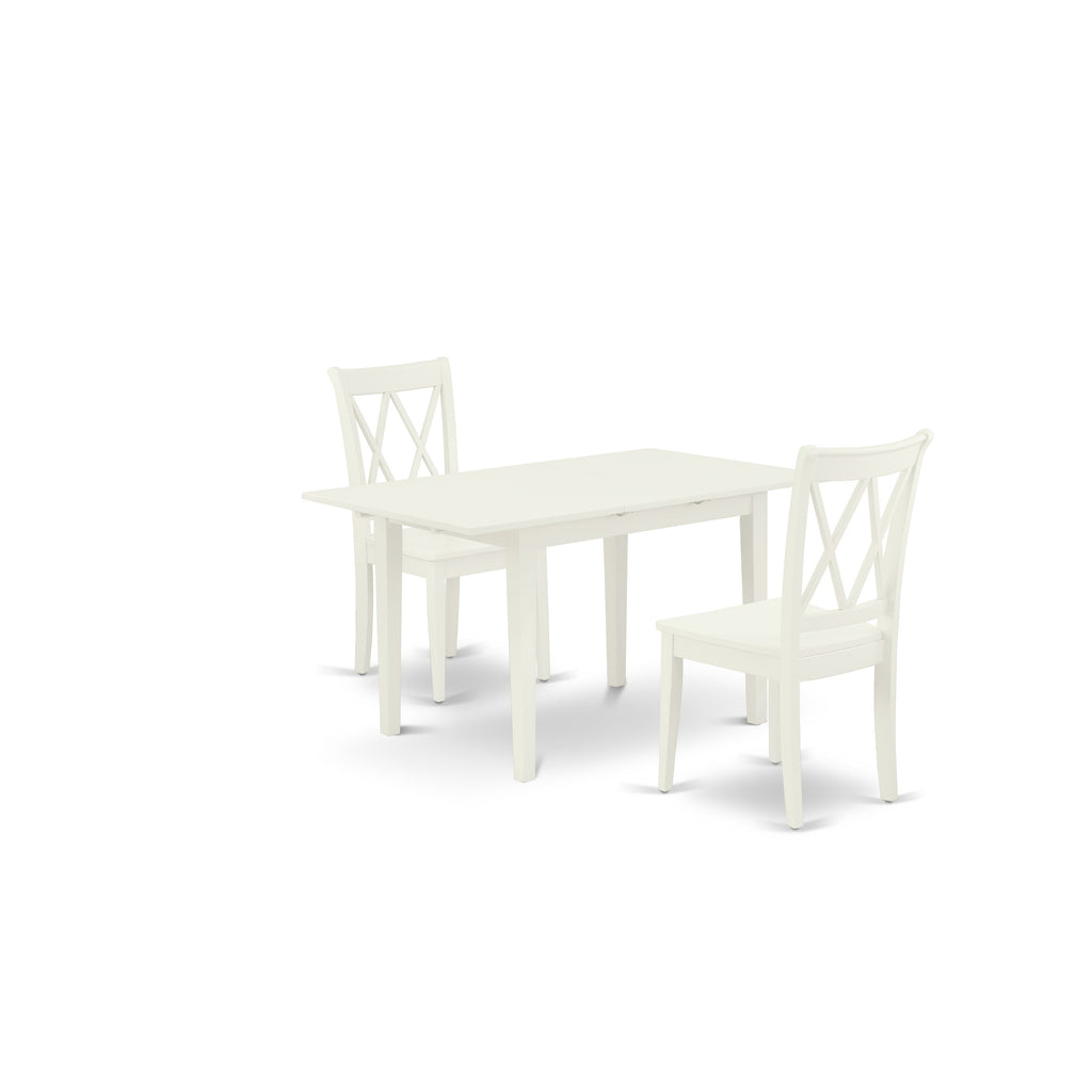Juego de comedor de 3 piezas East West Furniture NOCL3-LWH-W para espacios pequeños. Contiene una mesa de comedor rectangular con diseño de hojas de mariposa y 2 sillas de comedor.