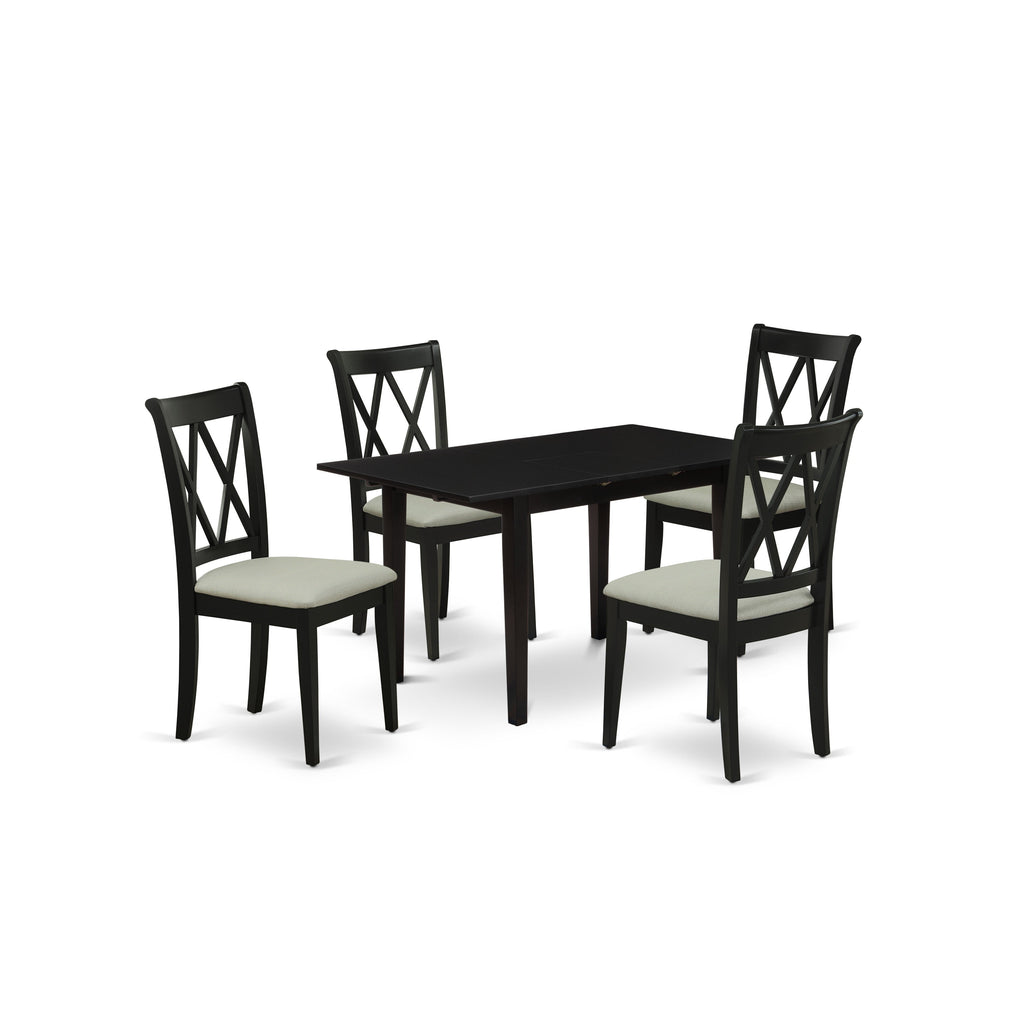 East West Furniture NOCL5-BLK-C 5 Piece Dining Table Set for 4 Includes a Rectangle Kitchen Table with Butterfly Leaf and 4 Linen Fabric Kitchen Dining Chairs