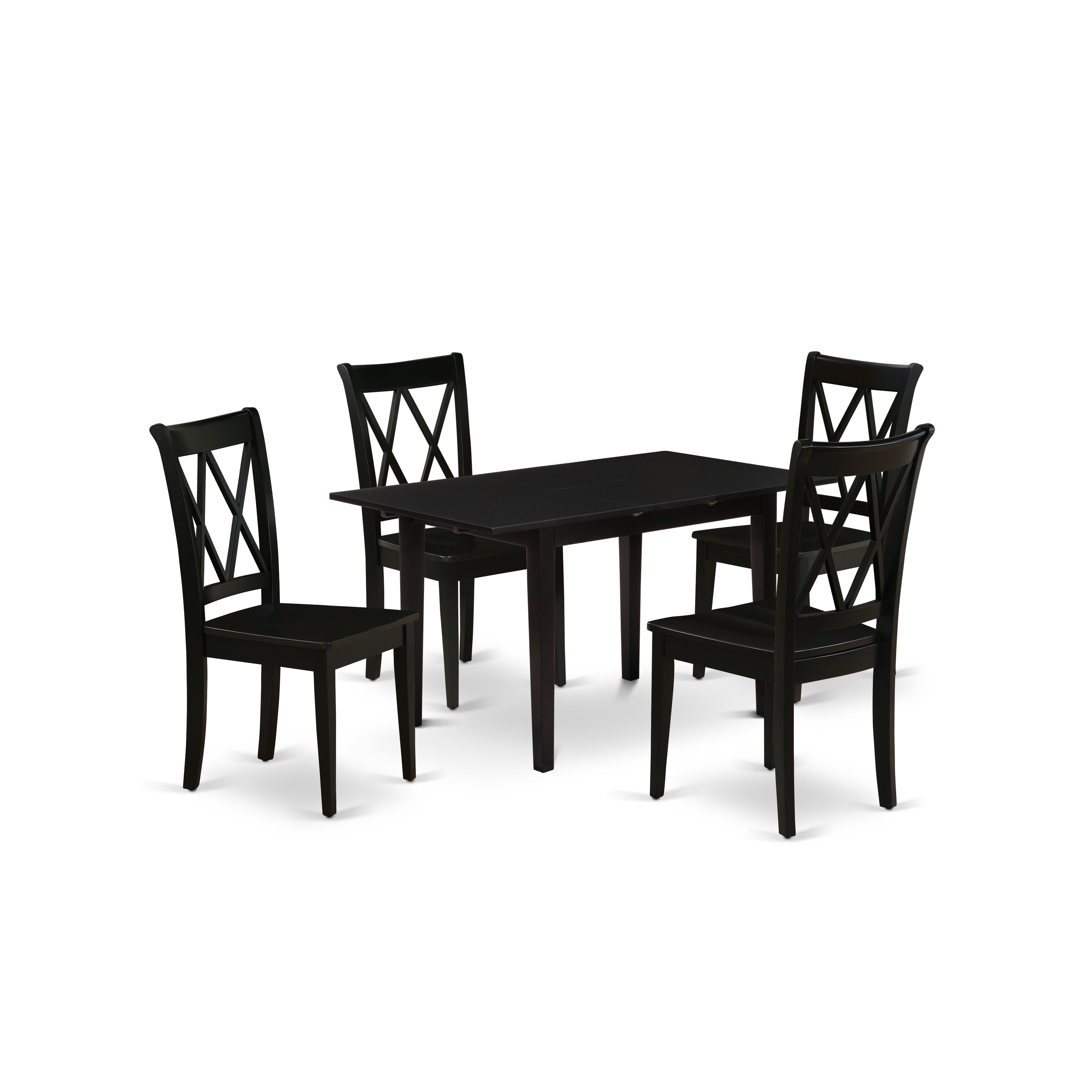 East West Furniture NOCL5-BLK-W 5-Piece wood dining table set2 wooden dining chairs with Double X-Back and a Wooden Seat and Butterfly Leaf wooden dining table with Rectangular Top and 4 Legs- Black Finish