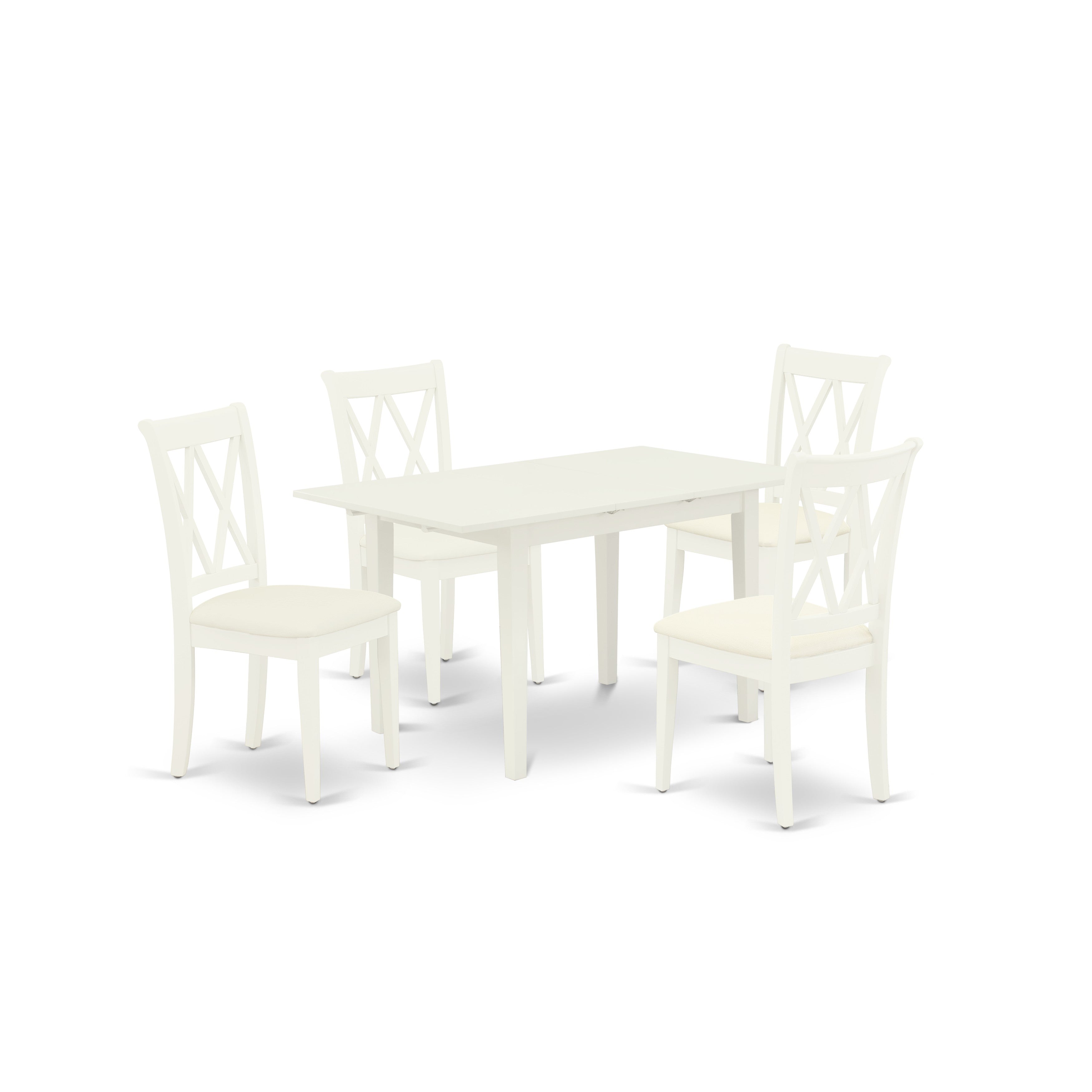 East West Furniture NOCL5-LWH-C 5-Pc Rectangular Dinette Set 4 Dining Chairs with Double X-Back and a Linen Fabric Seat and Butterfly Leaf Wooden Dining Table with Rectangular Top and 4 Legs- Linen White Finish