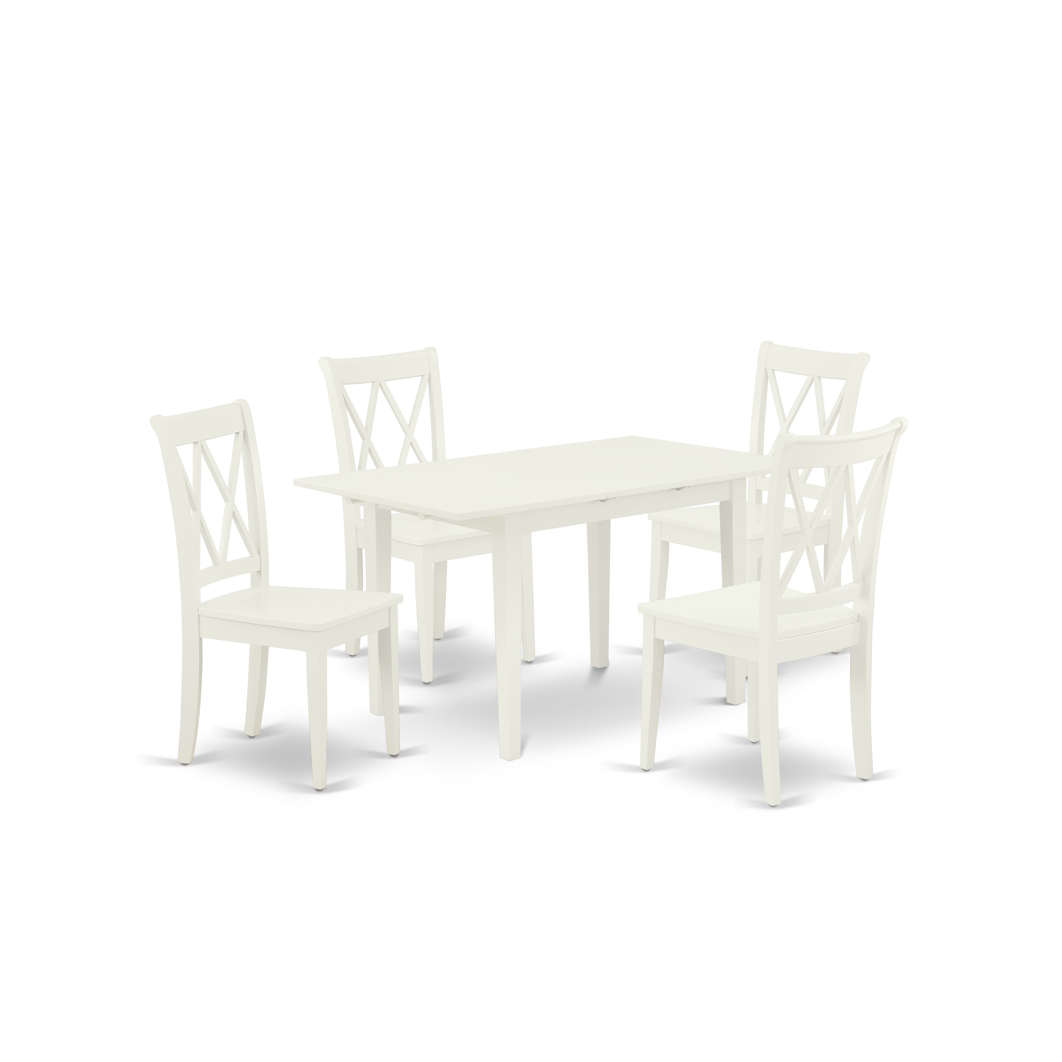 Juego de mesa y sillas de cocina de 5 piezas East West Furniture NOCL5-LWH-W. Incluye una mesa de comedor rectangular con hojas de mariposa y 4 sillas con asiento de madera maciza.