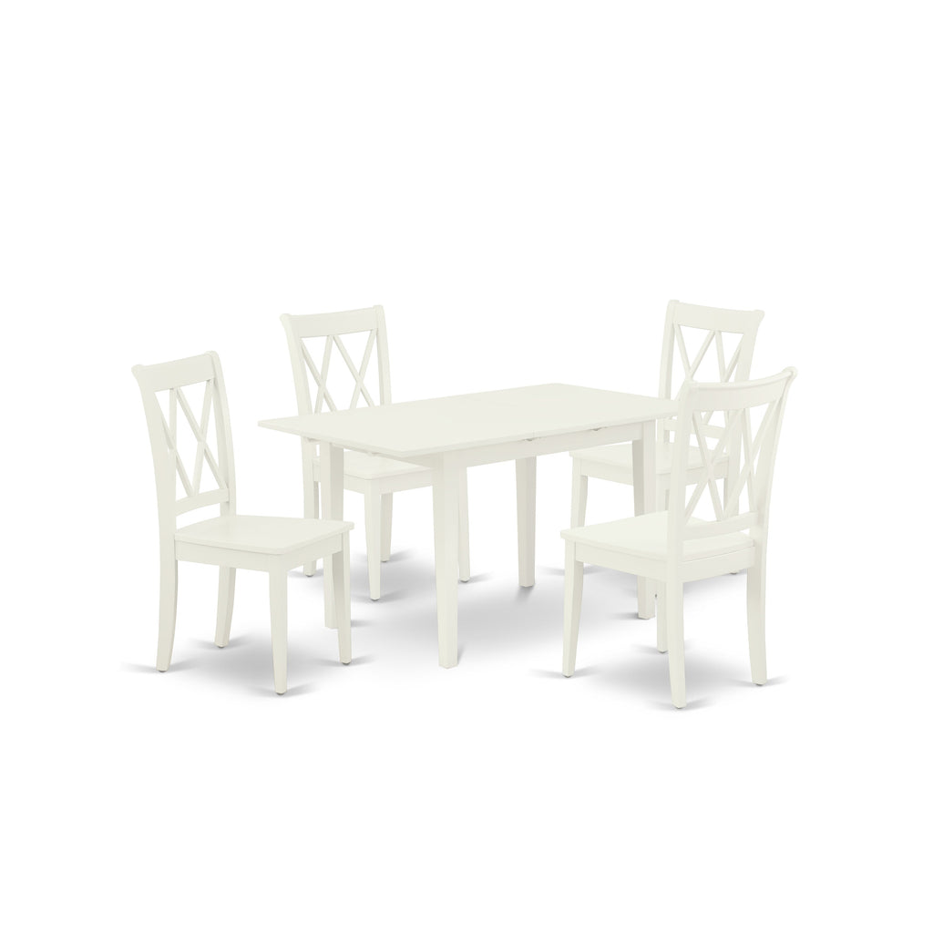 East West Furniture NOCL5-LWH-W 5 Piece Kitchen Table & Chairs Set Includes a Rectangle Dining Room Table with Butterfly Leaf and 4 Solid Wood Seat Chairs, 32x54 Inch, Linen White