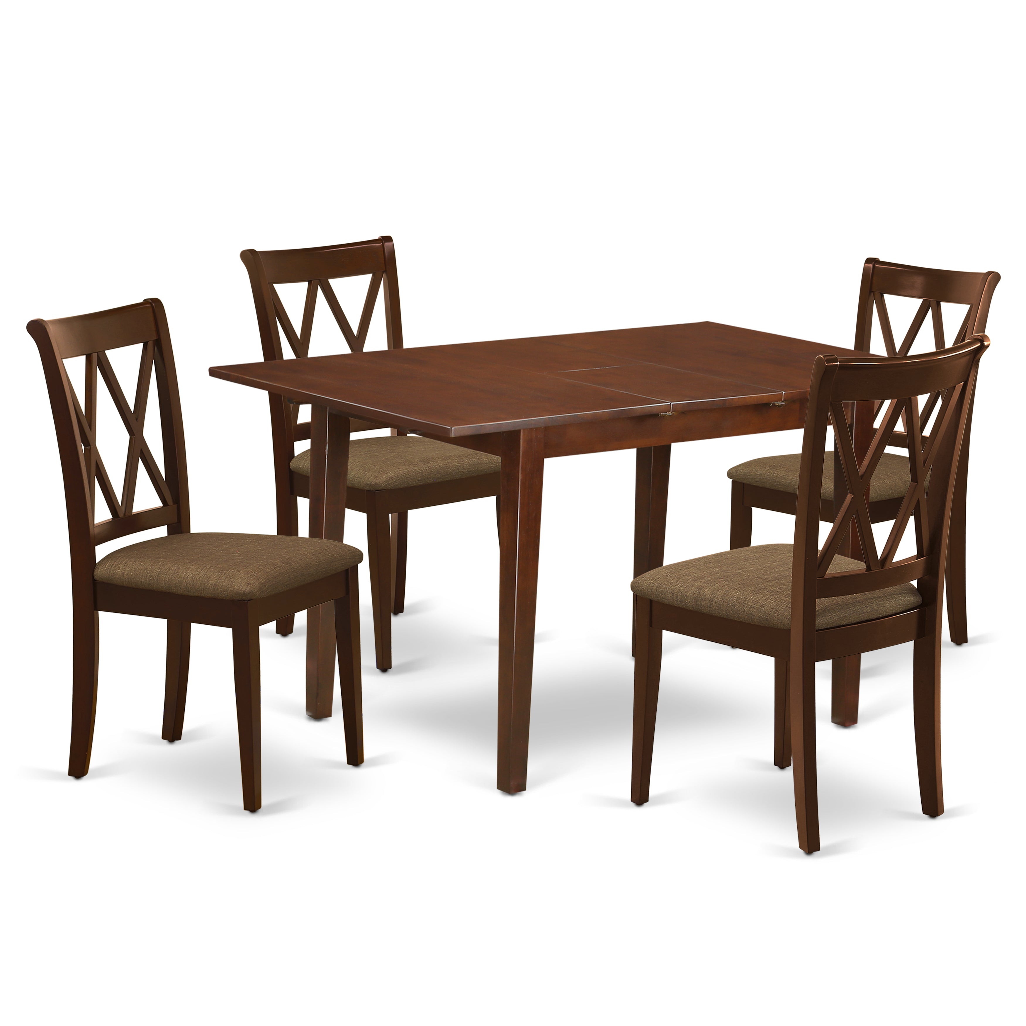 NOCL5-MAH-C 5Pc Dining Set Includes a Rectangle Dinette Table with Butterfly Leaf and Four Double X Back Linen seat Kitchen Chairs, Mahogany Finish