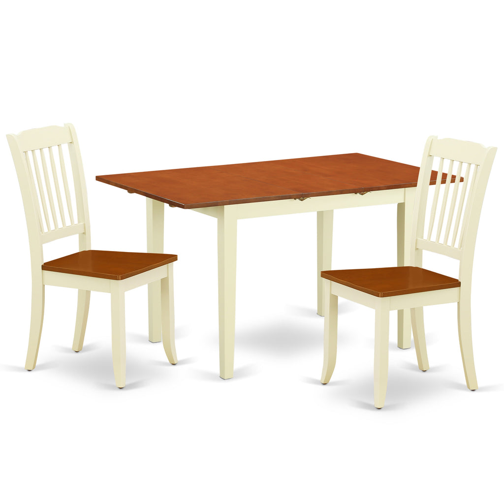 East West Furniture NODA3-BMK-W 3 Piece Kitchen Table & Chairs Set Contains a Rectangle Dining Room Table with Butterfly Leaf and 2 Solid Wood Seat Chairs
