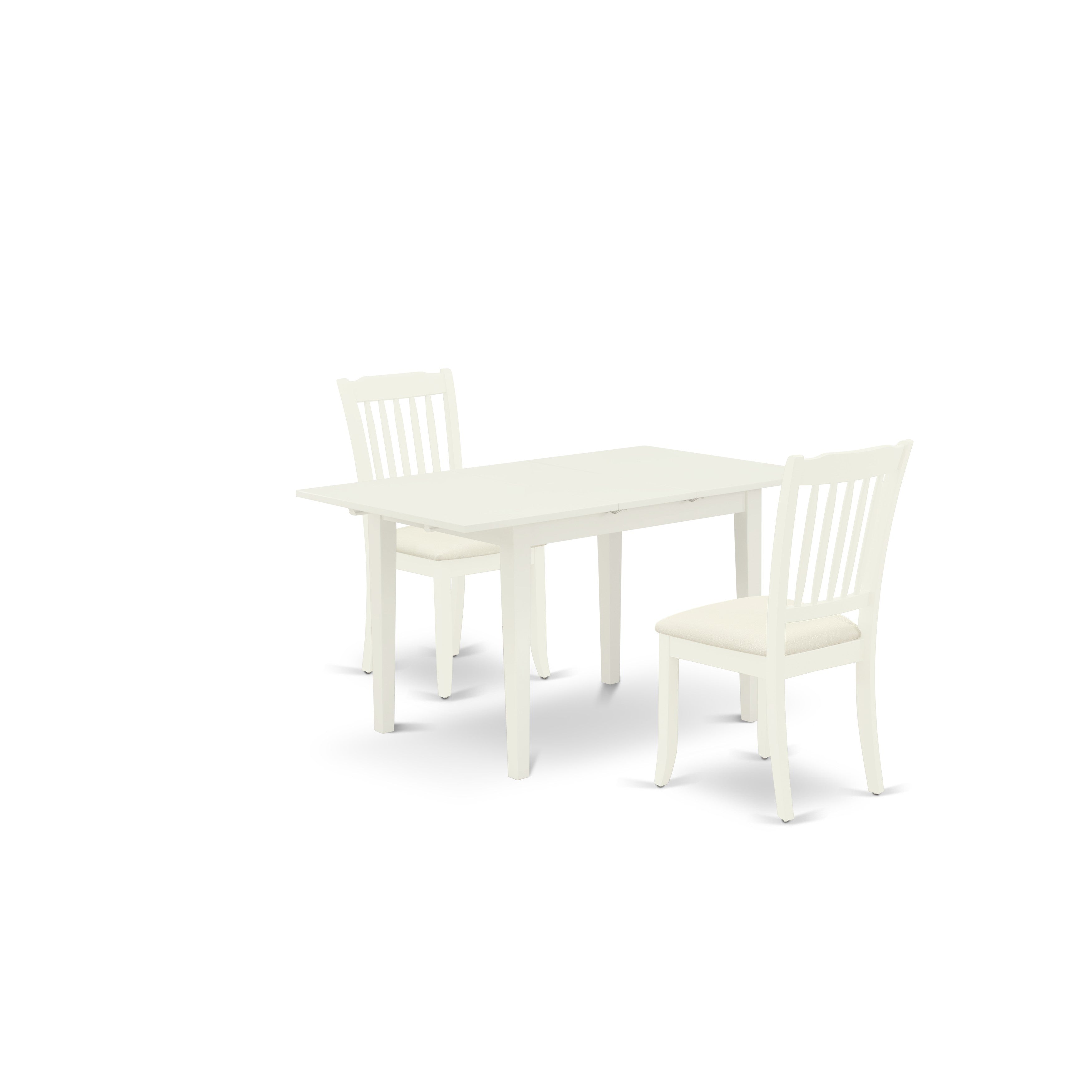 Juego de mesa de comedor de 3 piezas East West Furniture NODA3-LWH-C. Incluye una mesa de cocina rectangular con diseño de hojas de mariposa y dos sillas tapizadas en tela de lino.