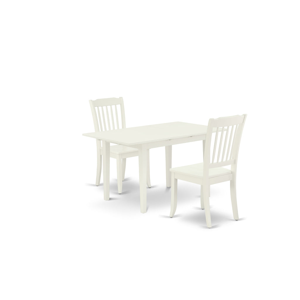East West Furniture NODA3-LWH-W 3 Piece Kitchen Table Set for Small Spaces Contains a Rectangle Dining Room Table with Butterfly Leaf and 2 Dining Chairs, 32x54 Inch, Linen White