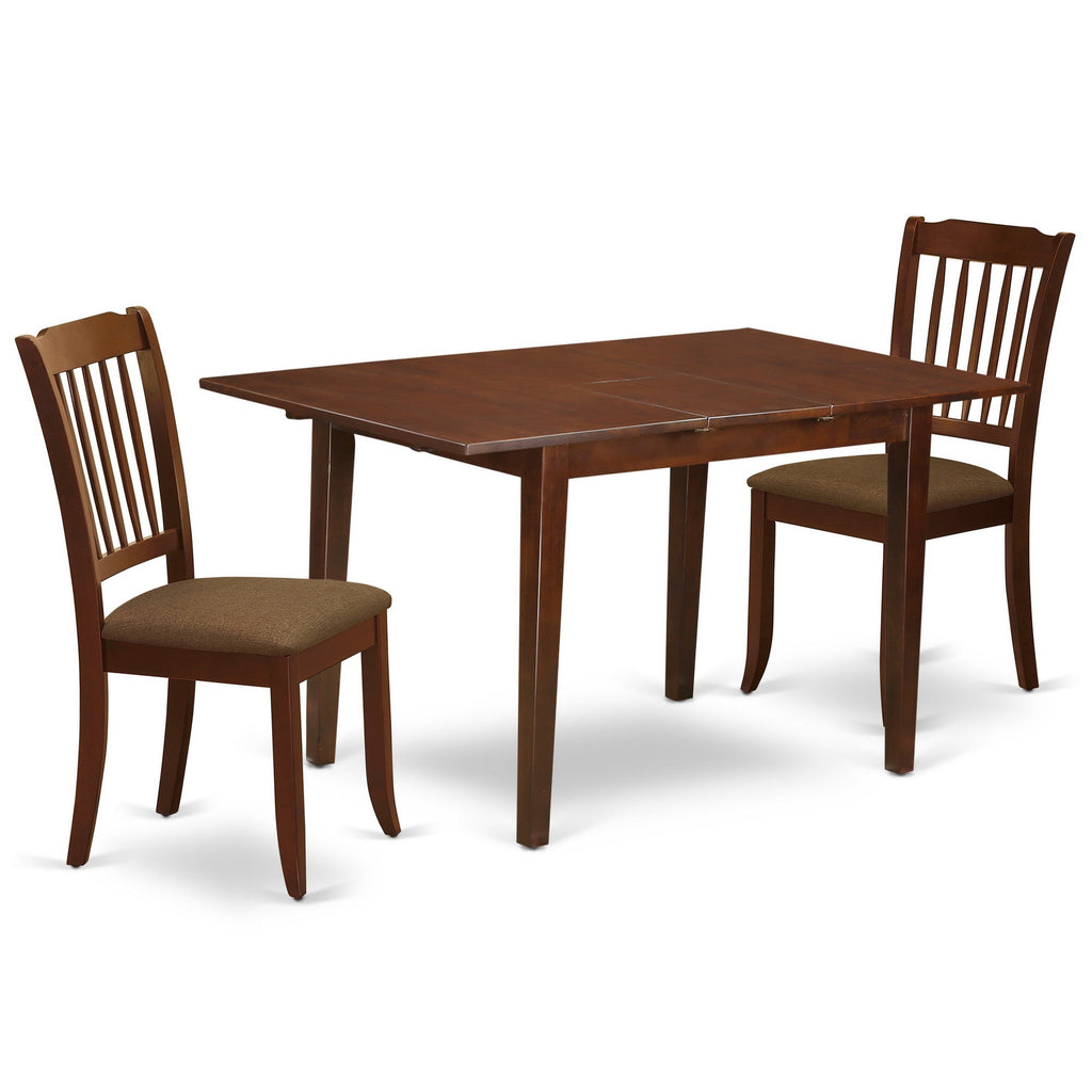 East West Furniture NODA3-MAH-C 3 Piece Kitchen Table Set Contains a Rectangle Dining Room Table with Butterfly Leaf and 2 Linen Fabric Upholstered Chairs