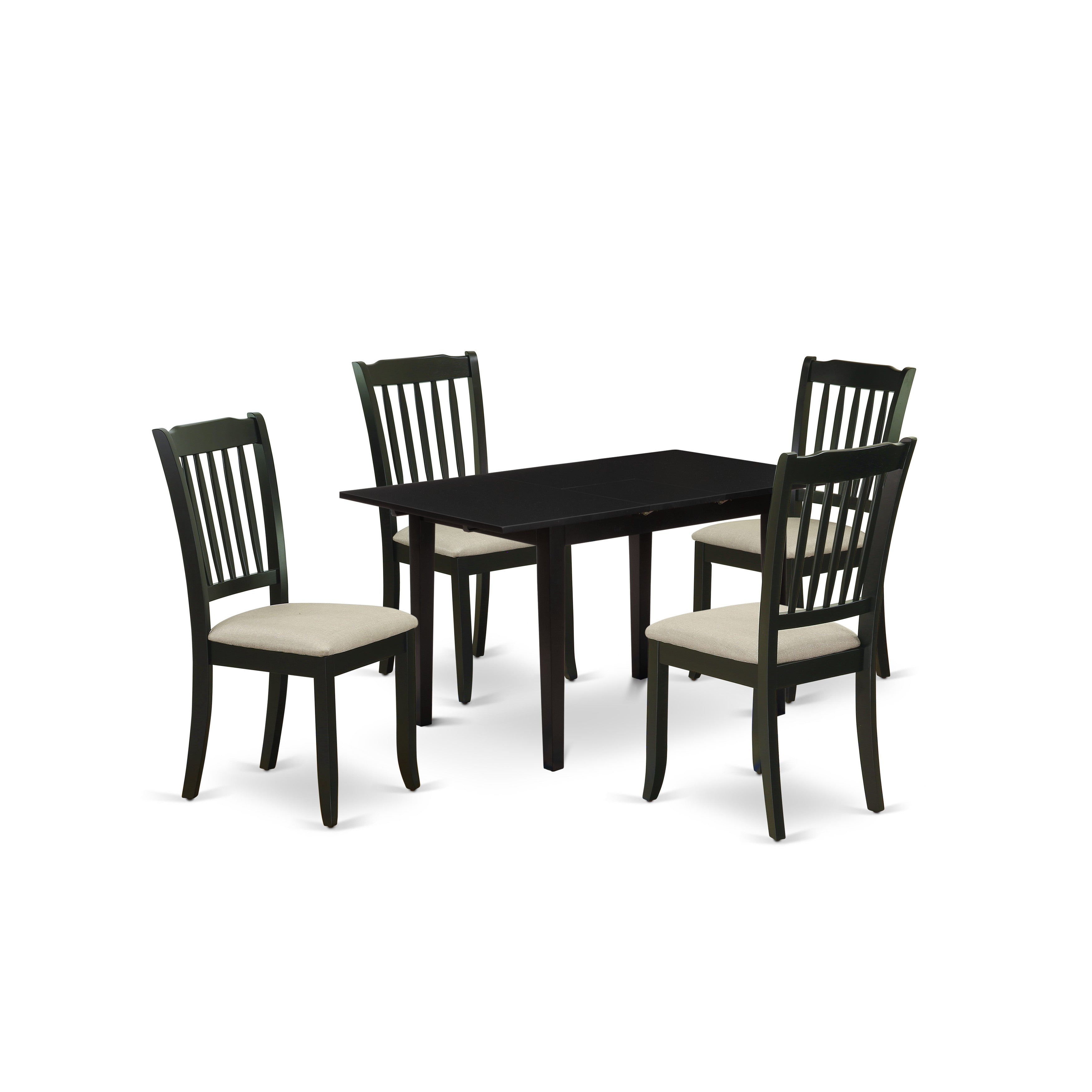 East West Furniture NODA5-BLK-C 5-Piece Mid Century Dining Table Set 4 Dining Room Chair with Slatted Back and a Linen Fabric Seat and Butterfly Leaf Wood Dining Room Table with Rectangular Top and 4 Legs- Black Finish
