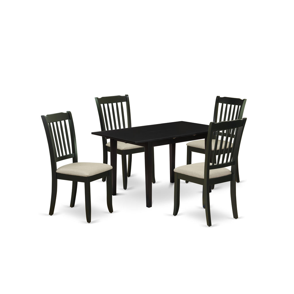 East West Furniture NODA5-BLK-C 5 Piece Dining Room Table Set Includes a Rectangle Kitchen Table with Butterfly Leaf and 4 Linen Fabric Upholstered Dining Chairs