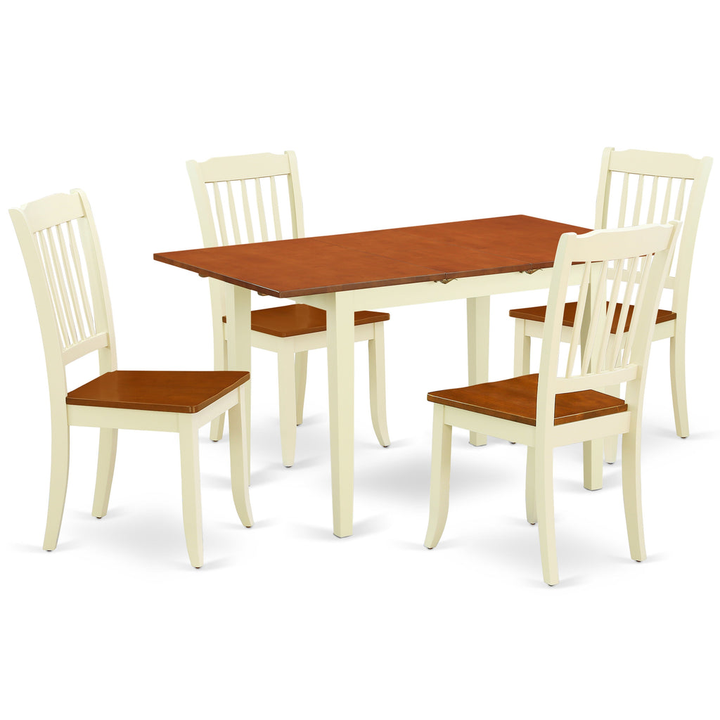 El juego de comedor de 5 piezas East West Furniture NODA5-BMK-W incluye una mesa rectangular de madera con diseño de hojas de mariposa y 4 sillas de comedor de cocina.