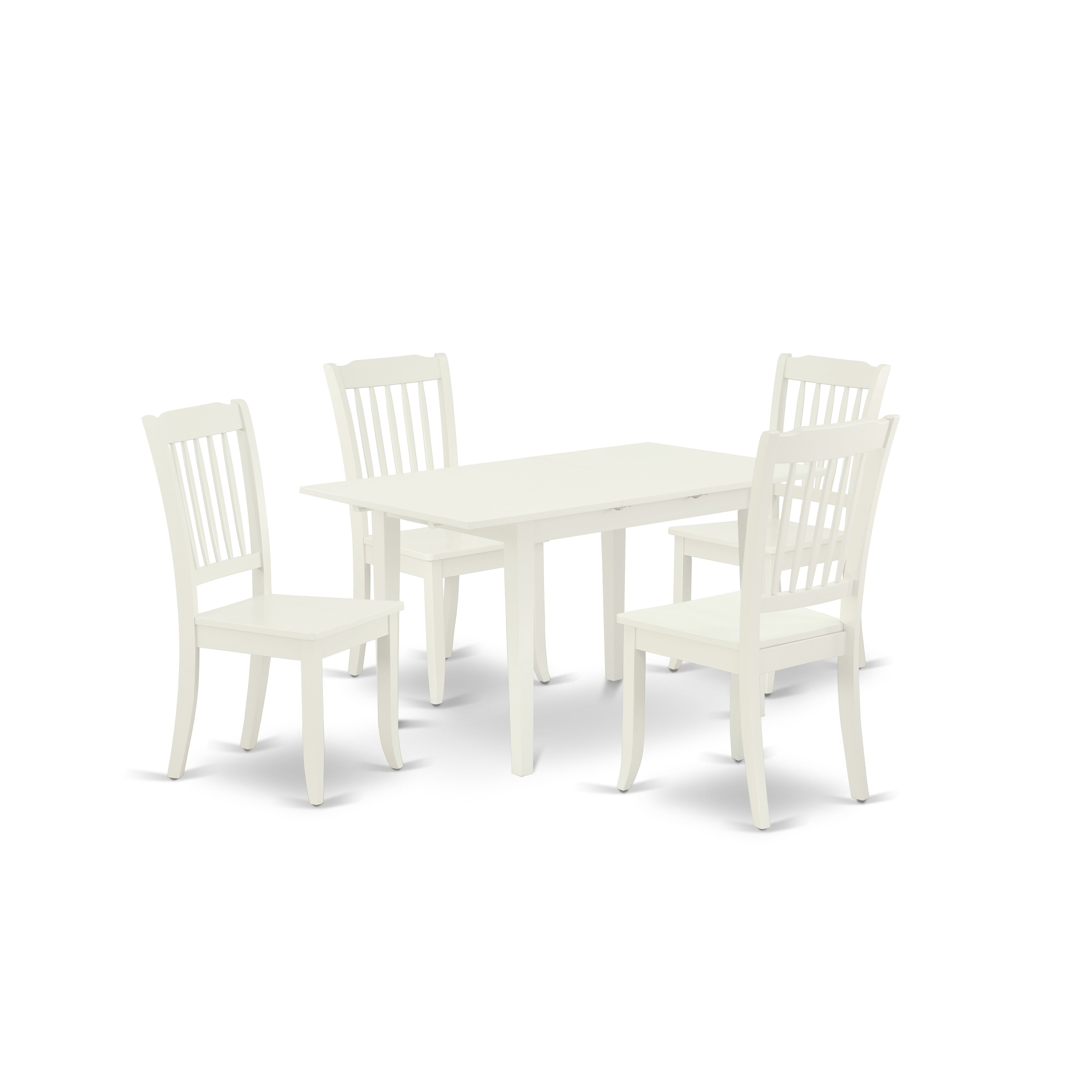 East West Furniture NODA5-LWH-W 5-Piece Rectangular dining table set 4 wood dining chairs with Slatted Back and a Wooden Seat and small Butterfly Leaf dining table with Rectangular Top and 4 Legs- Linen White Finish