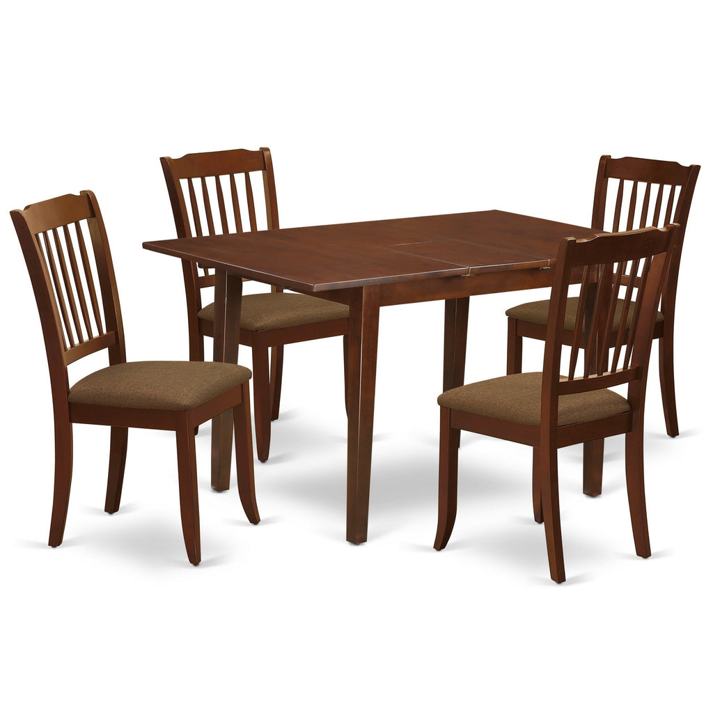 Juego de mesa de comedor East West Furniture NODA5-MAH-C de 5 piezas para 4 personas. Incluye una mesa de cocina rectangular con diseño de hojas de mariposa y 4 sillas de comedor de cocina de tela de lino.