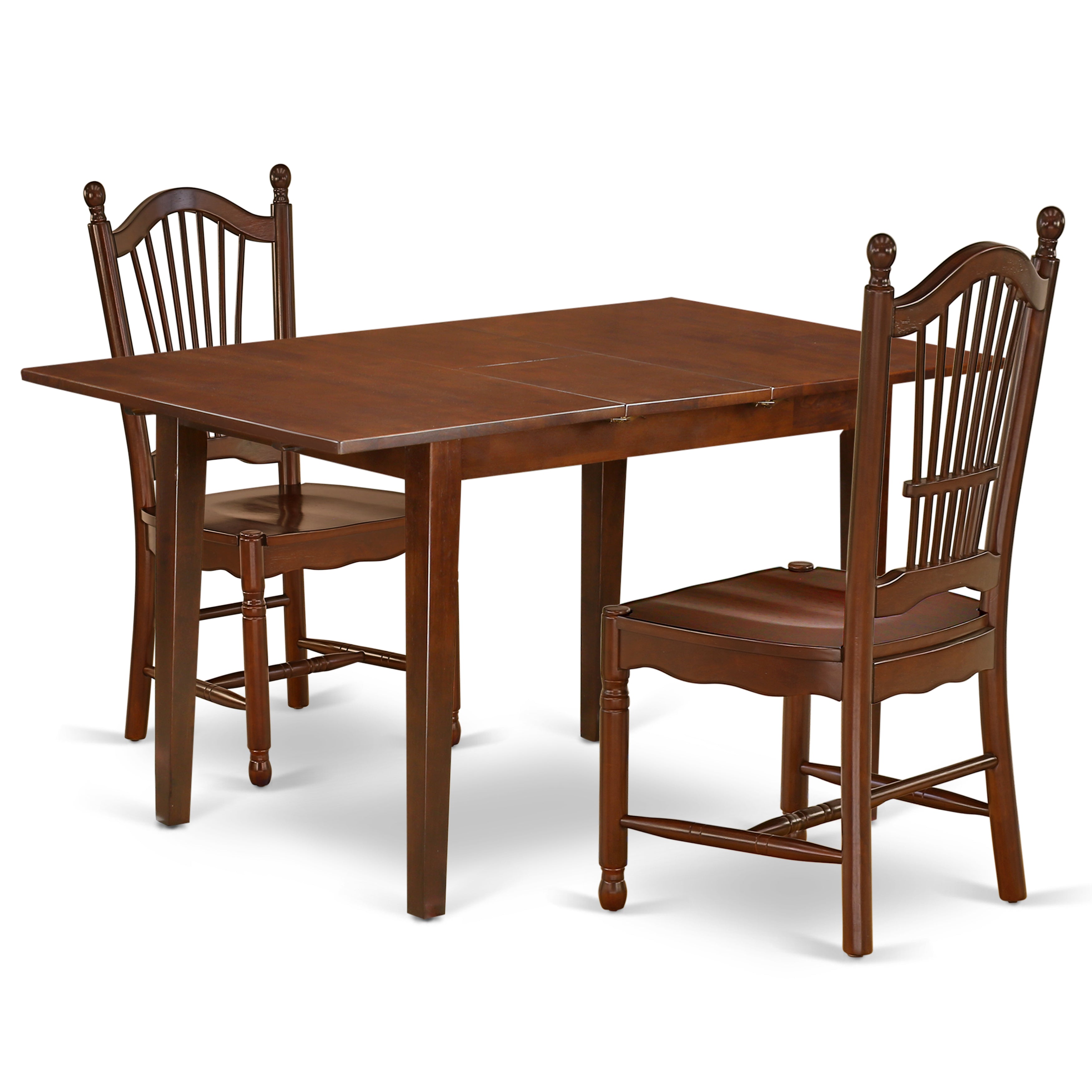 NODO3-MAH-W 3Pc Rectangular 42/53.5" Dining Table With 12 In Self Storing Butterfly Leaf And Two Wood Seat Chairs