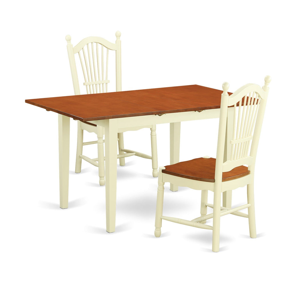 Juego de mesa de comedor de 3 piezas East West Furniture NODO3-WHI-W. Incluye una mesa de cocina rectangular con diseño de hojas de mariposa y 2 sillas de comedor.
