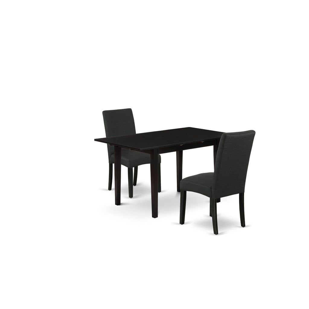 Juego de mesa de comedor moderna de 3 piezas East West Furniture NODR3-BLK-24. Incluye una mesa rectangular de madera con diseño de hojas de mariposa y dos sillas Parson de tela de lino de color negro.