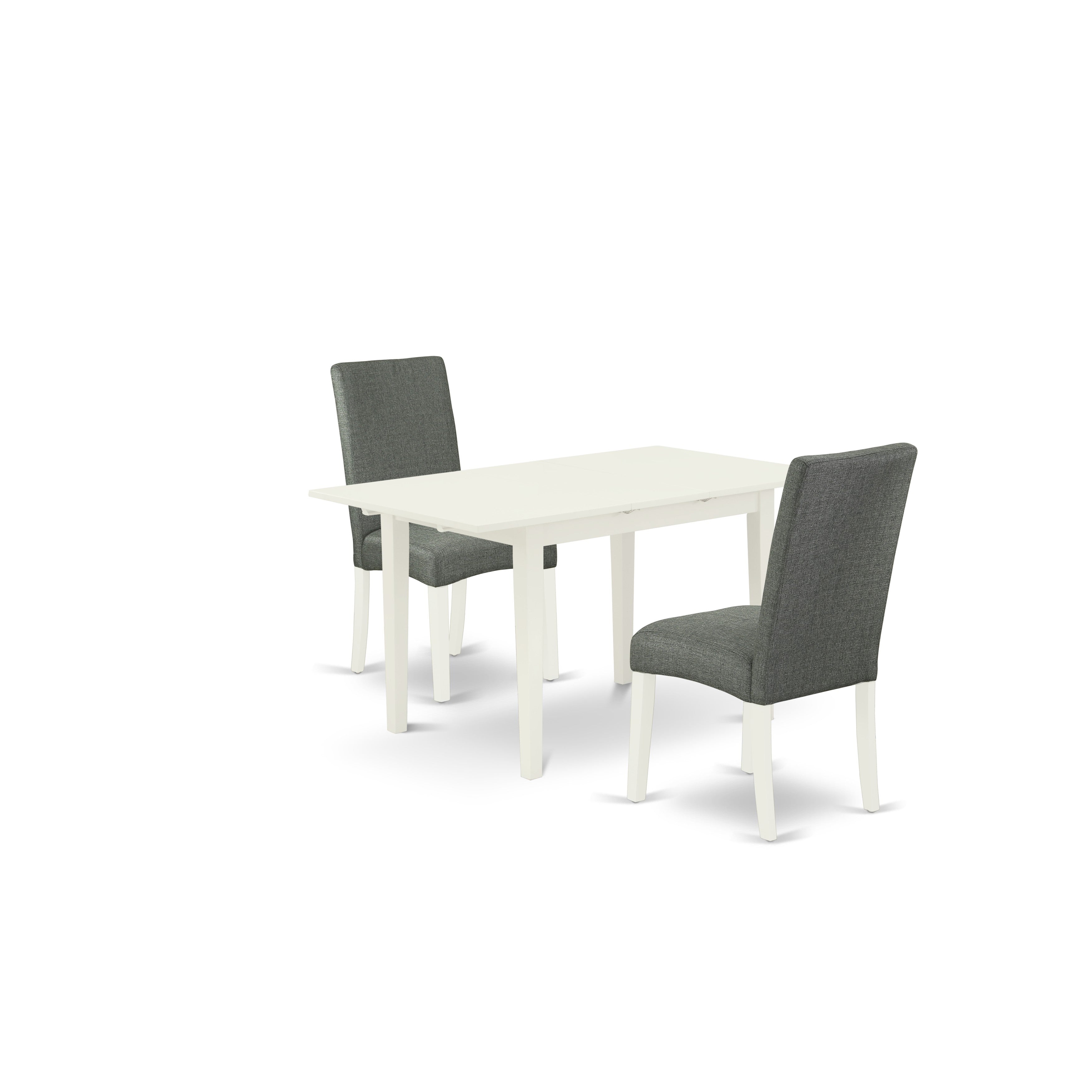 East West Furniture NODR3-LWH-07 3-Piece Wood Dining Table Set - 2 Parson Chairs with High Back and Upholstered Seat and Butterfly Leaf Rectangular Modern Dining Table and 4 Legs - Linen White Finish