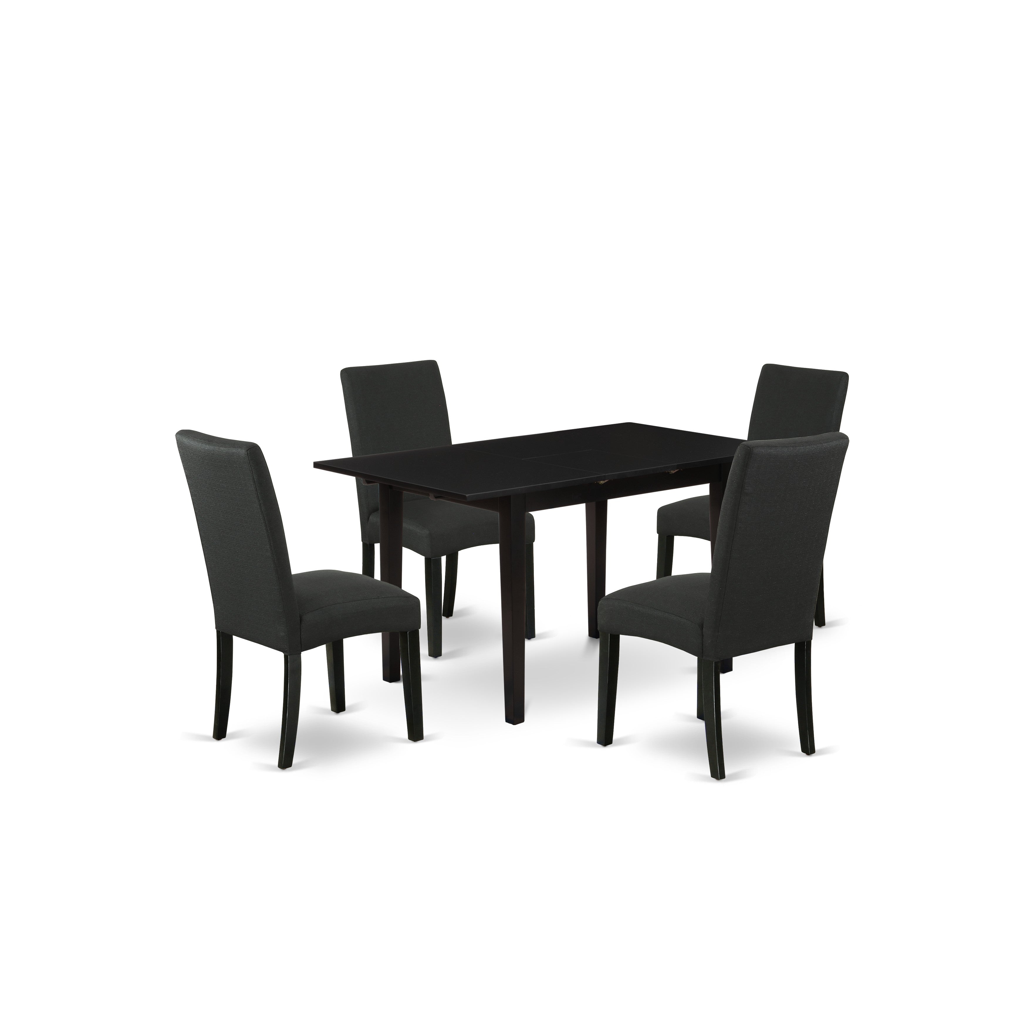 East West Furniture NODR5-BLK-24 5-Pc Mid Century Dining Table Set - 4 Parson Chairs with High Back and Upholstered Seat and Butterfly Leaf Rectangular Modern Dining Table and 4 Legs - Black Finish