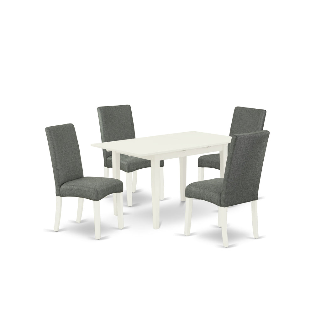 Juego de comedor de 5 piezas East West Furniture NODR5-LWH-07. Incluye una mesa rectangular de madera con diseño de hojas de mariposa y 4 sillas de comedor Parson de tela de lino gris.