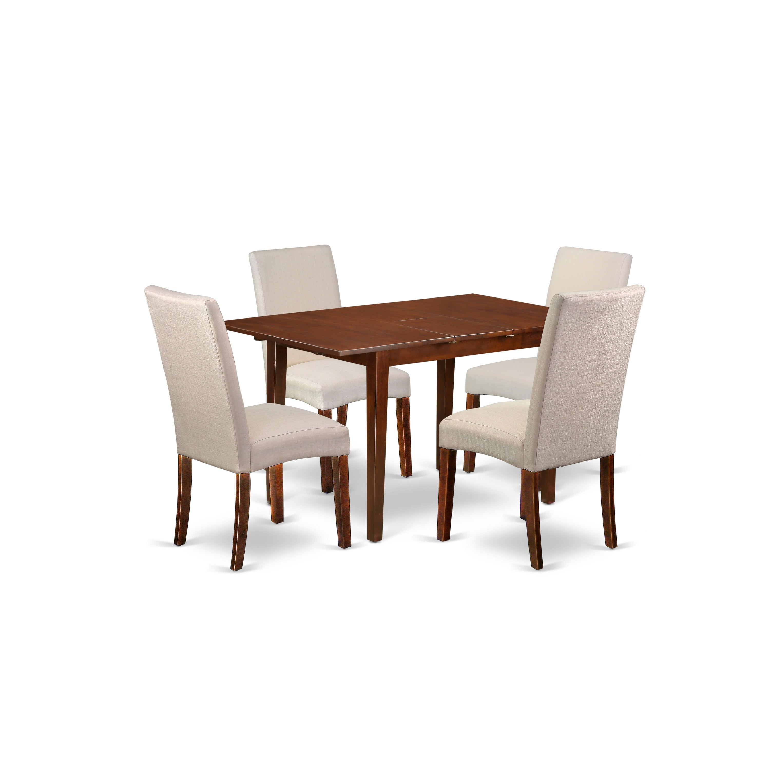 NODR5-MAH-01 5Pc Rectangle 42/53.5" Dinette Table With 12 In Leaf And Four Parson Chair With Mahogany Finish Leg And Linen Fabric- Cream Color