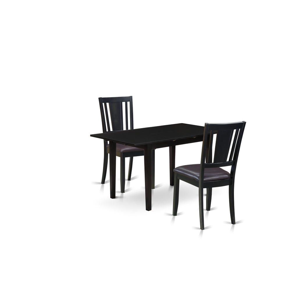 East West Furniture NODU3-BLK-LC 3 Piece Dining Room Furniture Set Contains a Rectangle Wooden Table with Butterfly Leaf and 2 Faux Leather Kitchen Dining Chairs