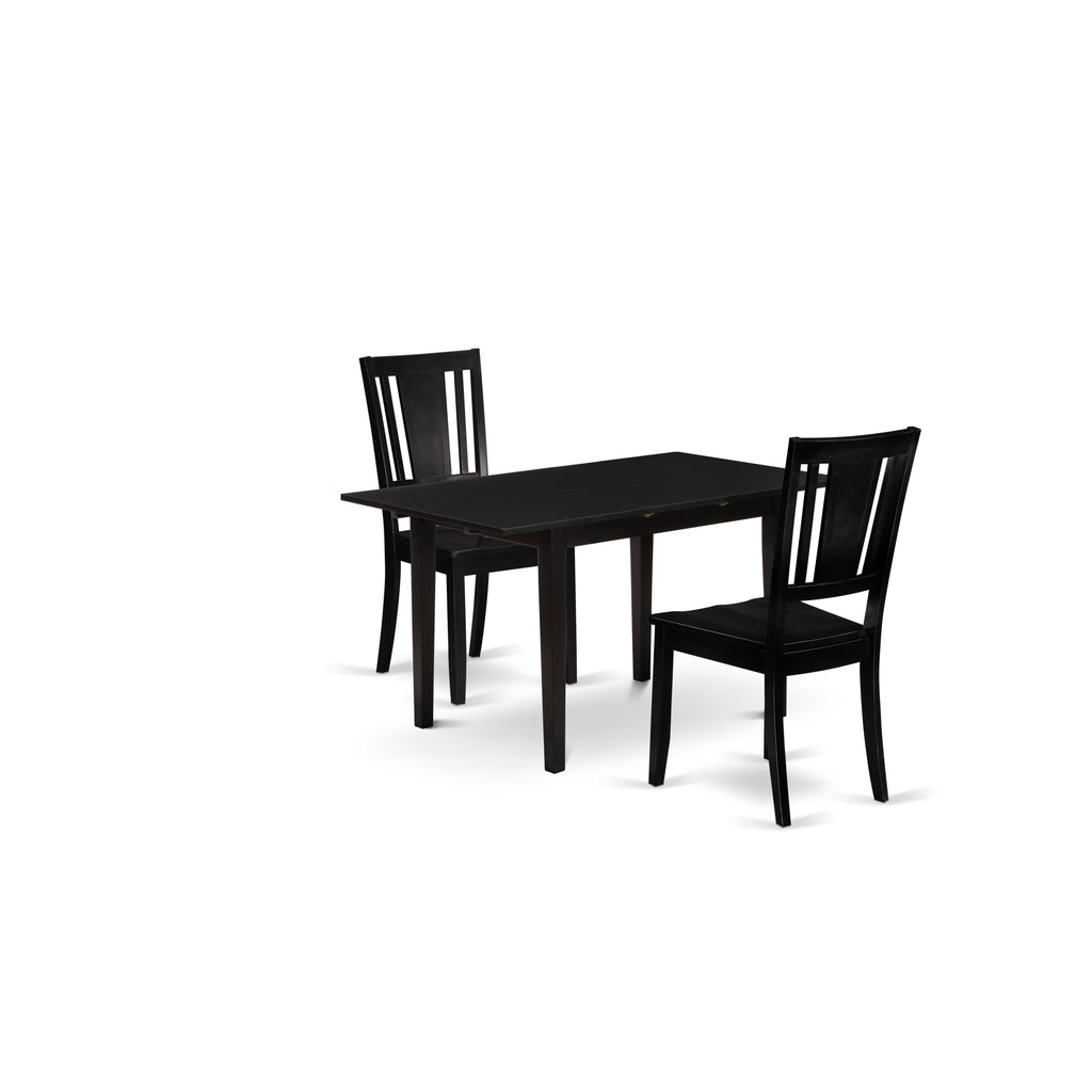 Juego de mesa de comedor de 3 piezas East West Furniture NODU3-BLK-W. Incluye una mesa de cocina rectangular con diseño de hojas de mariposa y 2 sillas de comedor.