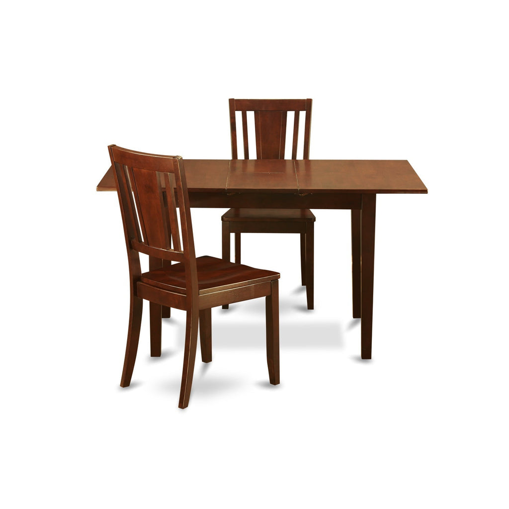 Juego de comedor de 3 piezas East West Furniture NODU3-MAH-W para espacios pequeños. Contiene una mesa de comedor rectangular con hojas de mariposa y 2 sillas de comedor.