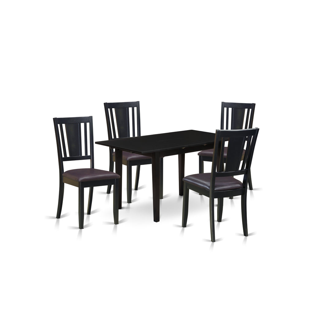 El juego de comedor de 5 piezas East West Furniture NODU5-BLK-LC incluye una mesa de comedor rectangular con hojas de mariposa y 4 sillas de cocina de cuero sintético.