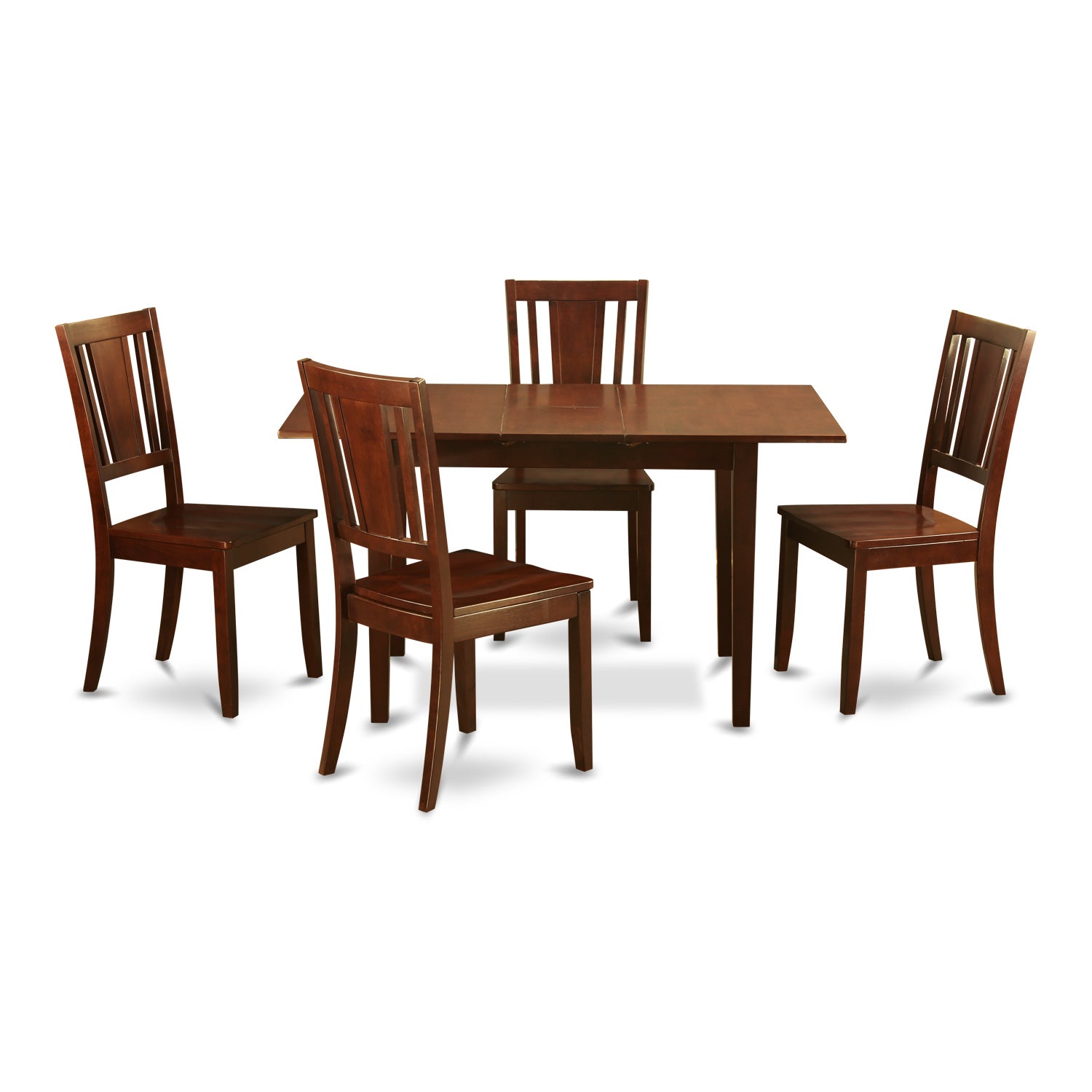 Juego de mesa de cocina de 5 piezas East West Furniture NODU5-MAH-W para 4 personas. Incluye una mesa de comedor rectangular con diseño de hojas de mariposa y 4 sillas de comedor.