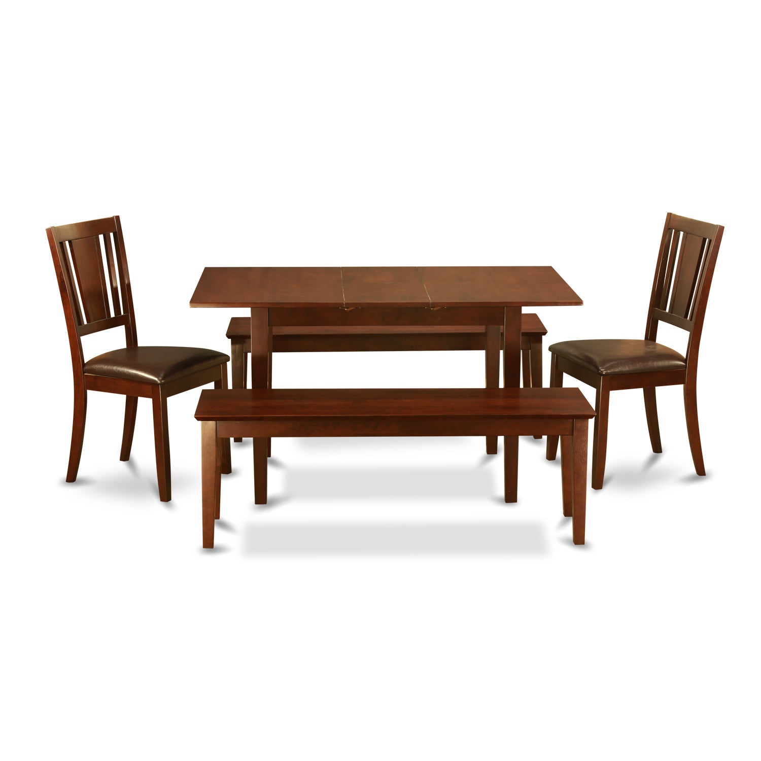 Juego de comedor de 5 piezas East West Furniture NODU5C-MAH-LC. Incluye una mesa de comedor rectangular con diseño de hojas de mariposa y 2 sillas de cocina de piel sintética con 2 bancos.