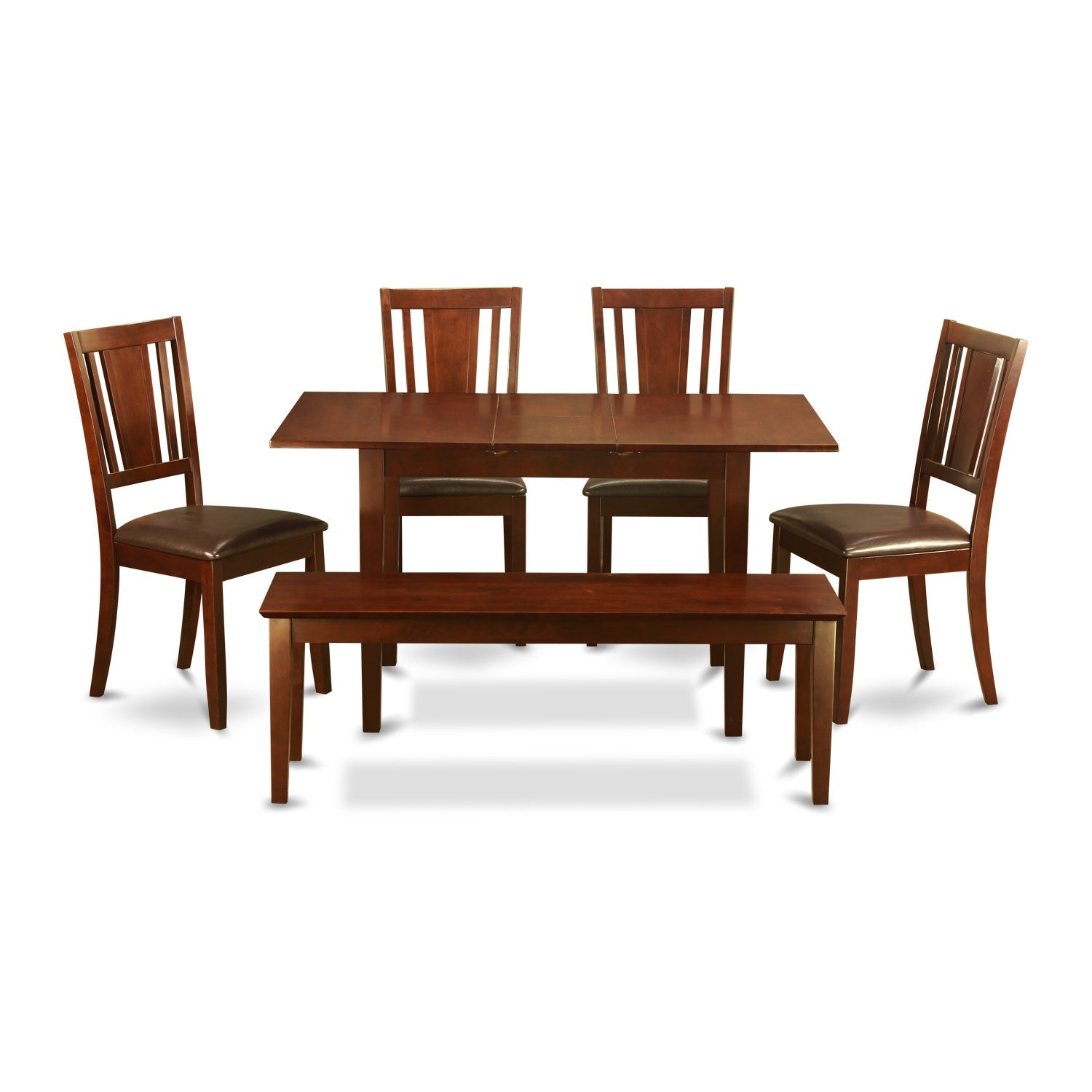 El juego de mesa de comedor East West Furniture NODU6C-MAH-LC de 6 piezas incluye una mesa de comedor rectangular con hojas de mariposa y 4 sillas tapizadas en piel sintética con un banco.