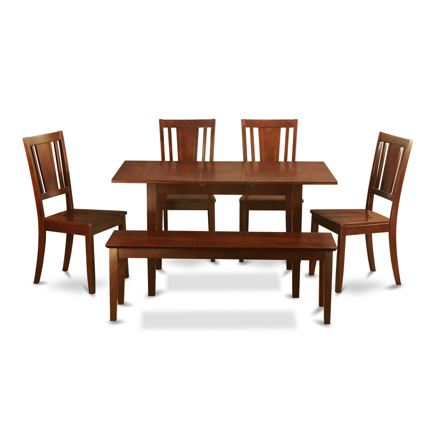 Juego de comedor de 6 piezas East West Furniture NODU6C-MAH-W. Contiene una mesa de comedor rectangular con hojas de mariposa y 4 sillas de cocina con un banco.