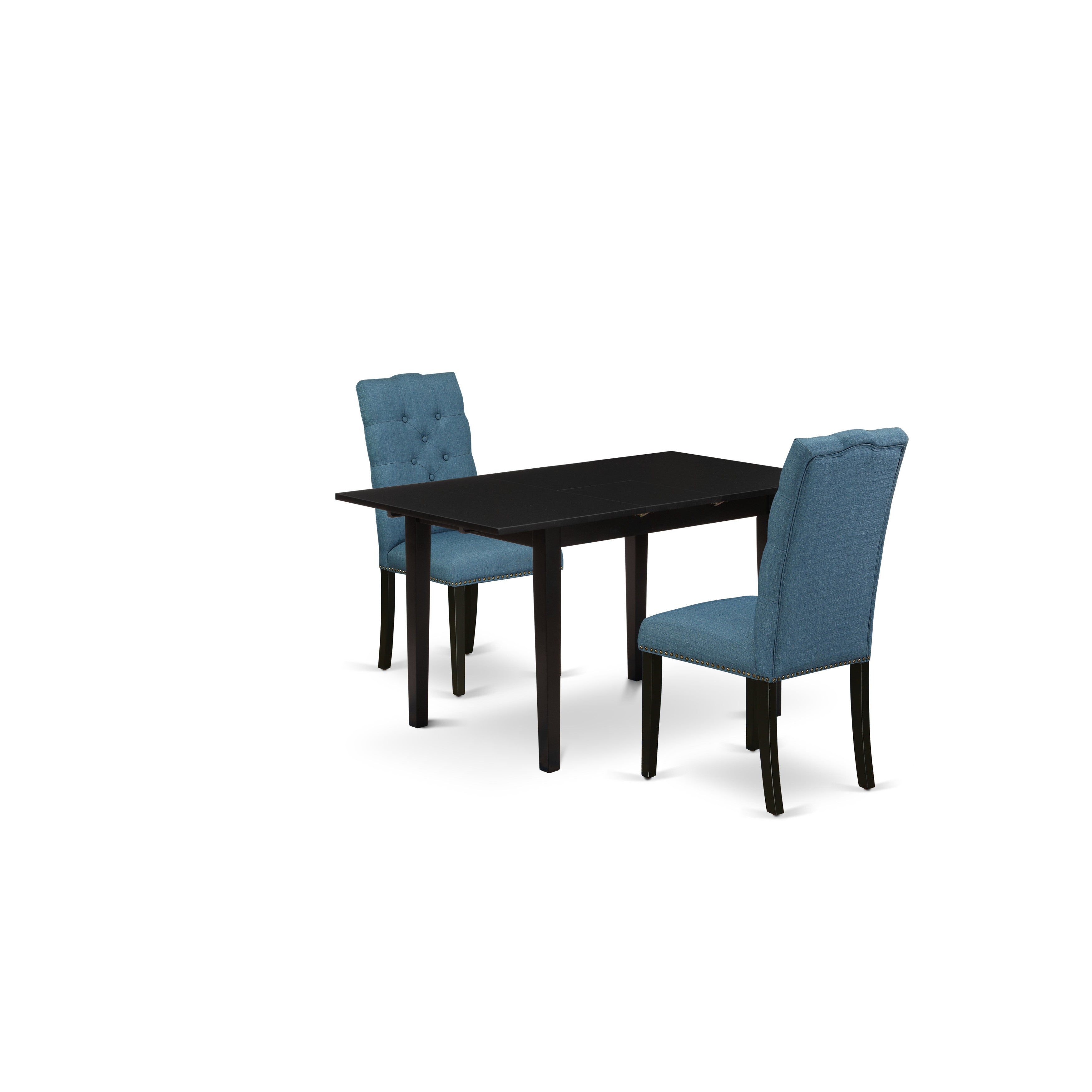 East West Furniture NOEL3-BLK-21 3-Pc Modern Dining Table Set - Nail Head Parson Dining Chairs with Button Tufted Back and Upholstered Seat and Butterfly Leaf Rectangular Dinner Table and 4 Legs - Black Finish