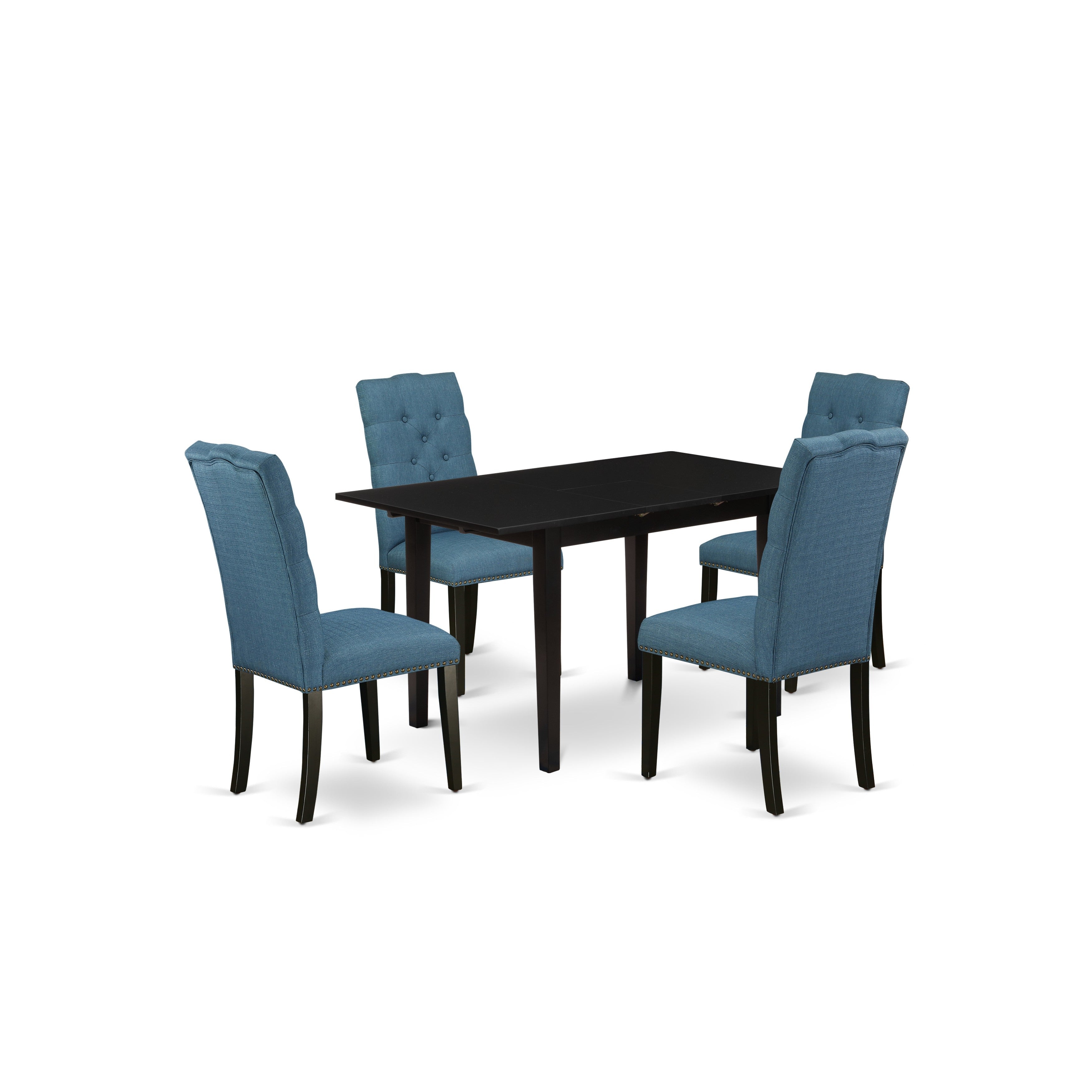 El juego de mesa de comedor de 5 piezas East West Furniture NOEL5-BLK-21 incluye una mesa de comedor rectangular con hojas de mariposa y 4 sillas tapizadas en tela de lino azul.