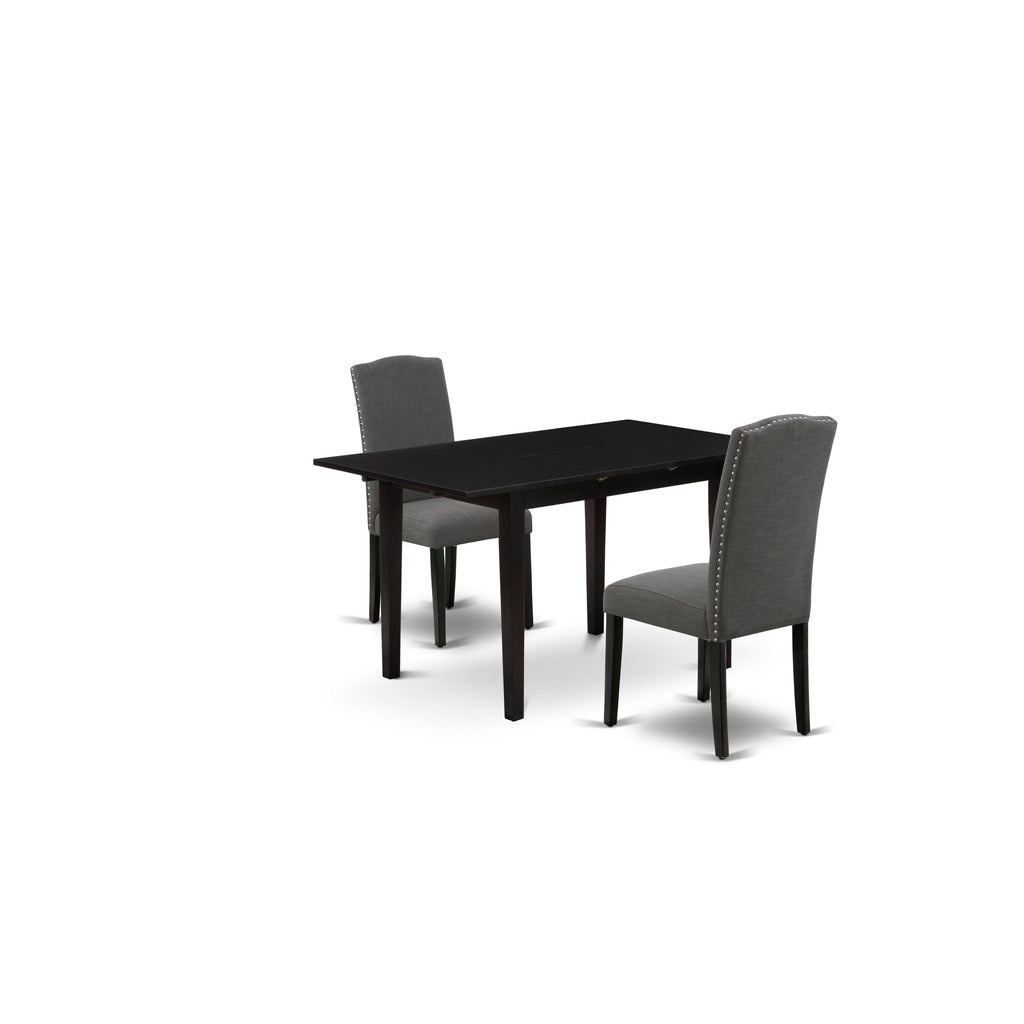 Juego de mesa de cocina de 3 piezas East West Furniture NOEN3-BLK-20. Incluye una mesa de comedor rectangular con diseño de hojas de mariposa y dos sillas Parsons de tela de lino Gotham oscuro.