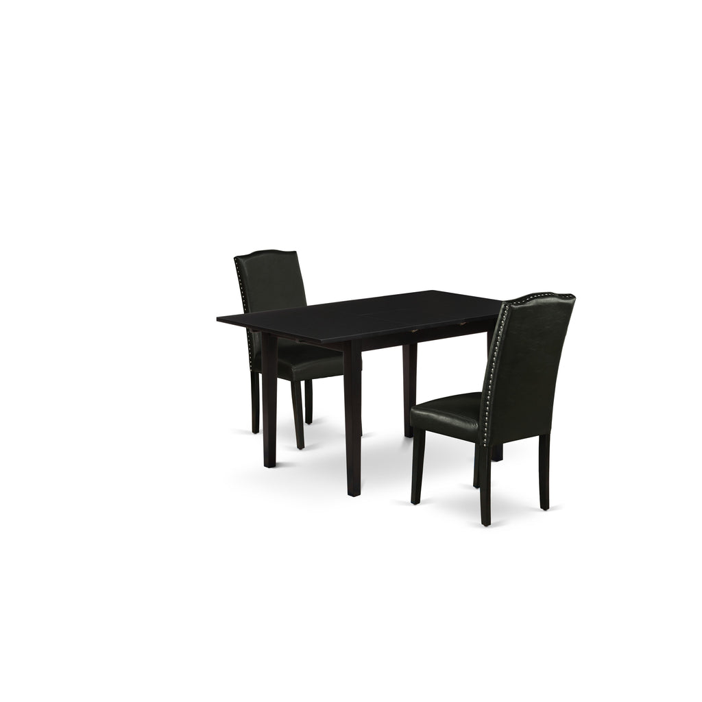 East West Furniture NOEN3-BLK-69 3 Piece Dining Room Table Set  Contains a Rectangle Kitchen Table with Butterfly Leaf and 2 Black Faux Leather Parsons Dining Chairs, 32x54 Inch, Black