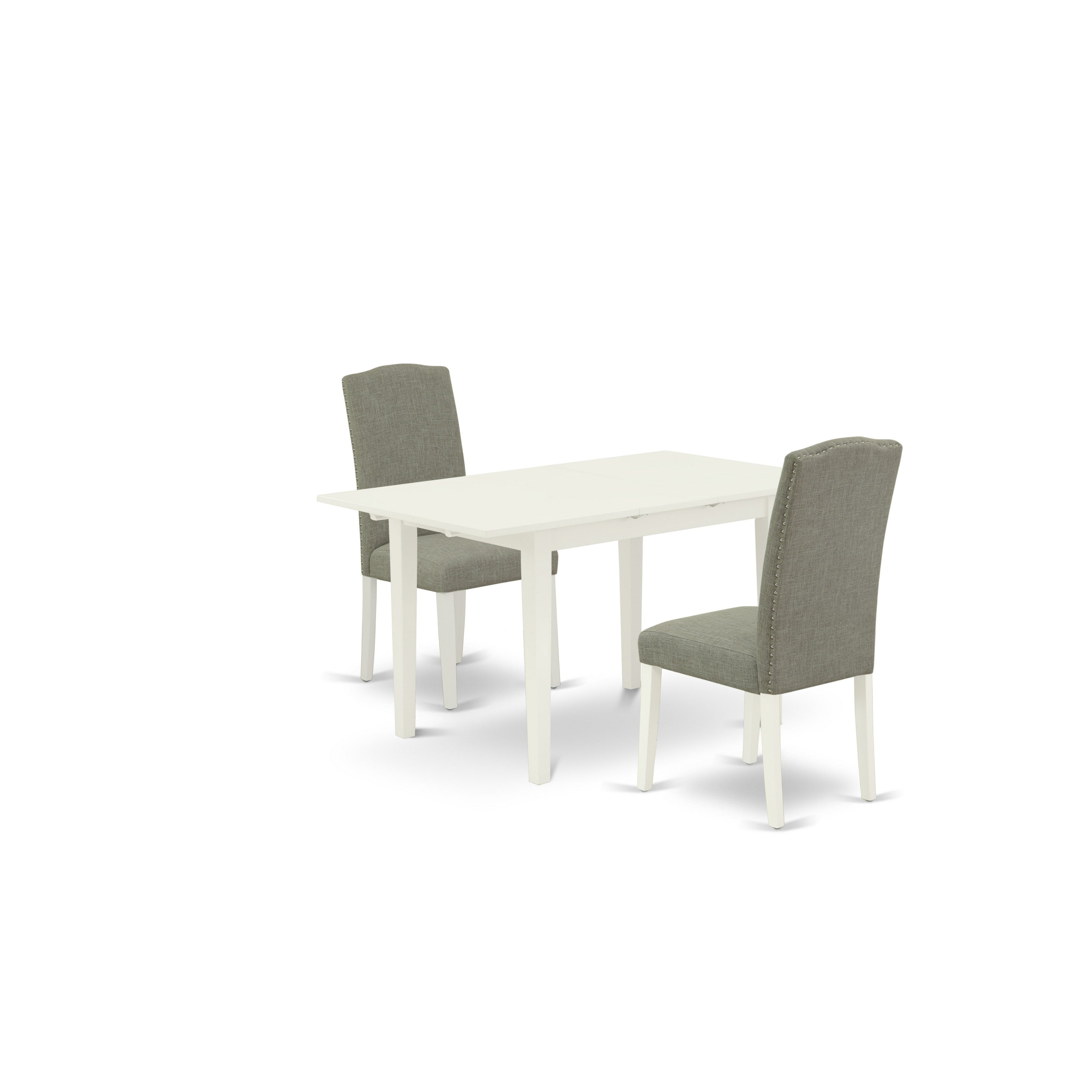 East West Furniture NOEN3-LWH-06 3-Pc Kitchen Dinette Set - 2 Kitchen Chairs with High Back and Upholstered Seat and Butterfly Leaf Modern Rectangle Dining Table and 4 Legs - Linen White Finish