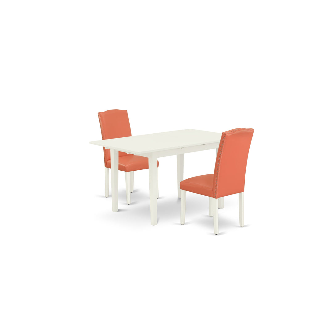 East West Furniture NOEN3-LWH-78 3 Piece Dining Table Set  Contains a Rectangle Kitchen Table with Butterfly Leaf and 2 Pink Flamingo Faux Leather Upholstered Chairs
