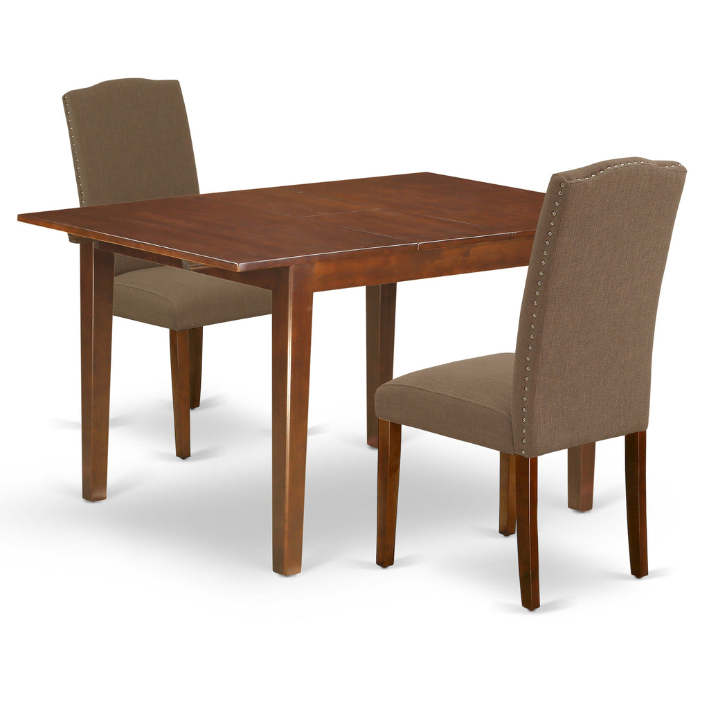 East West Furniture NOEN3-MAH-18 3 Piece Dining Table Set Contains a Rectangle Dining Room Table with Butterfly Leaf and 2 Dark Coffee Linen Fabric Parson Chairs
