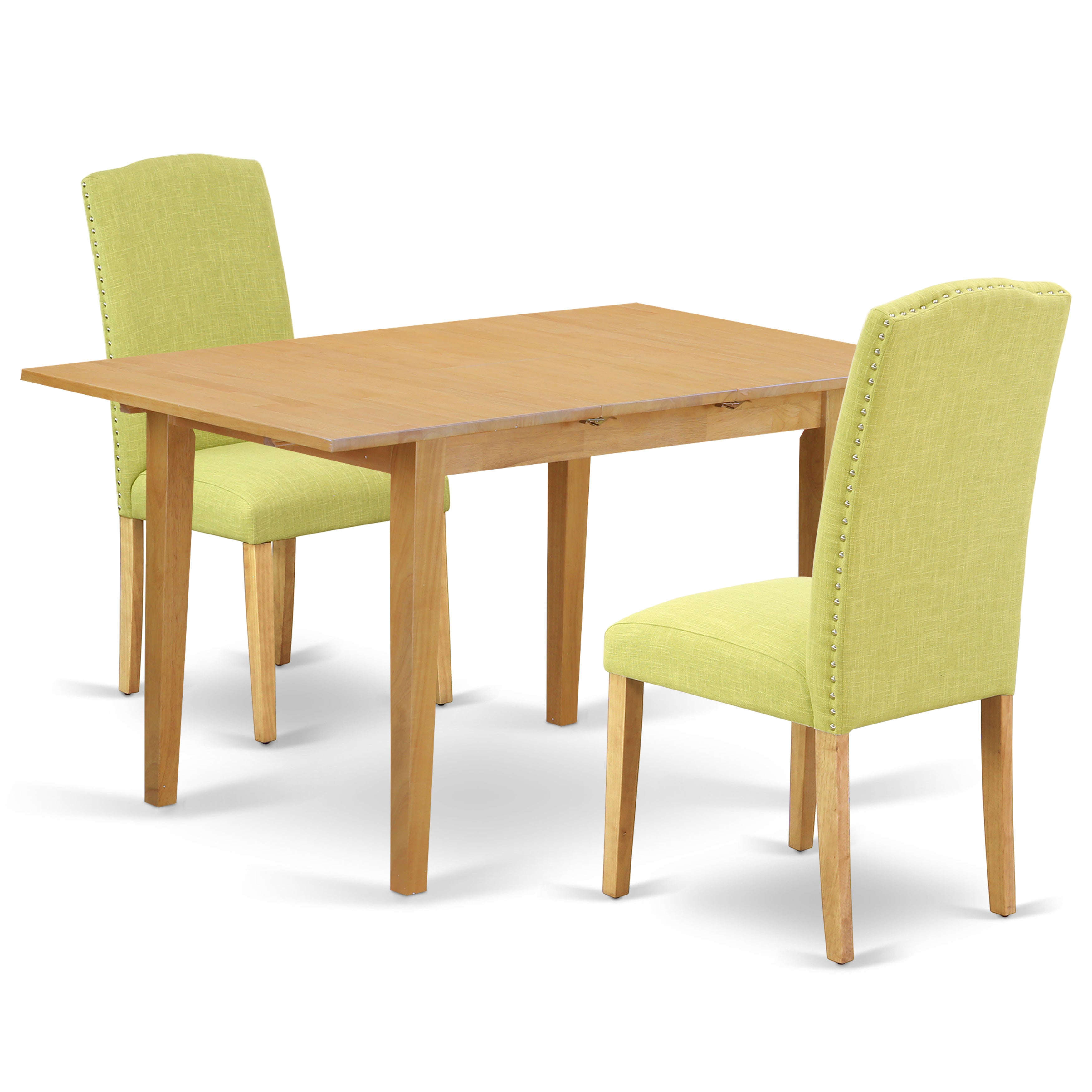 NOEN3-OAK-07 3Pc Rectangular 42/53.5" Table With 12 In Butterfly Leaf And A Pair Of Parson Chair With Oak Leg And Linen Fabric Limelight